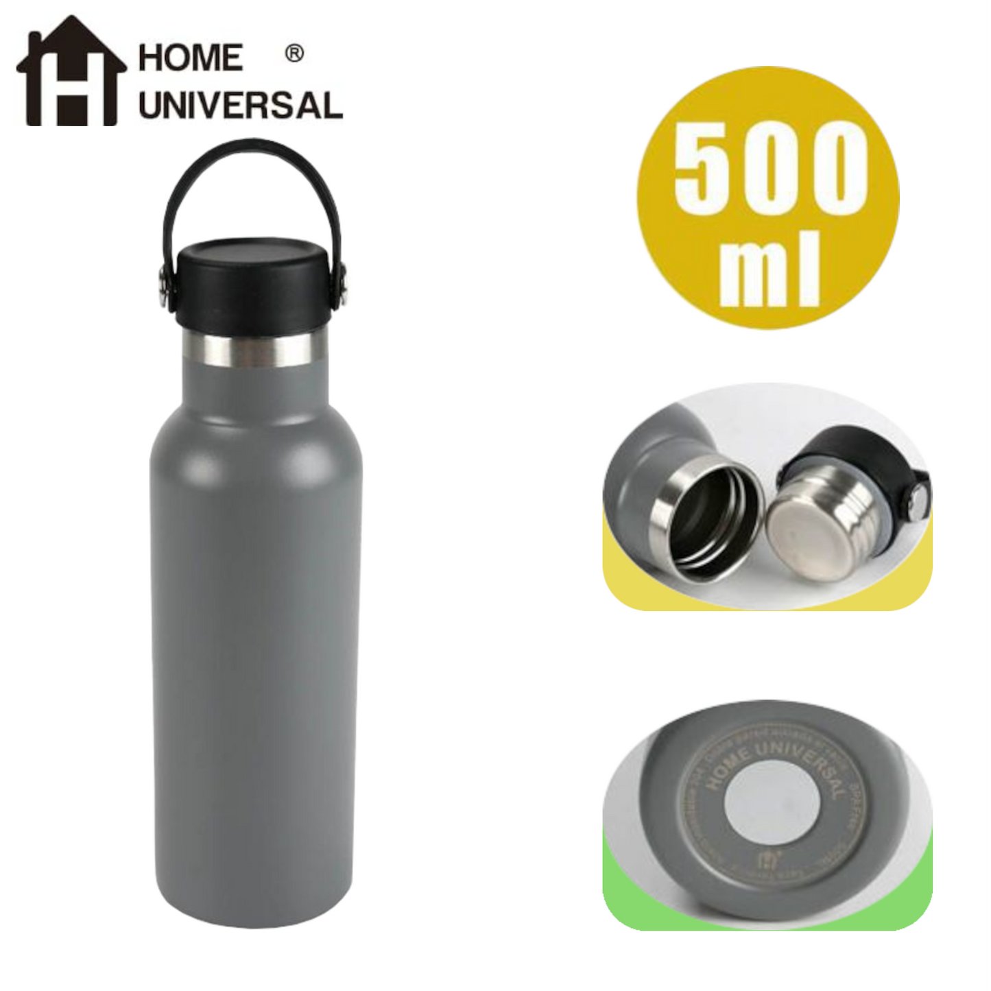 Home Universal® Botella Térmica 500ml de Acero Inoxidable | 12h y Frías 24h | Doble Pared | Mantiene Frío y Caliente por Horas | Antiderrames, Ligera e Ideal para Deporte, Oficina y Viajes (Gris)