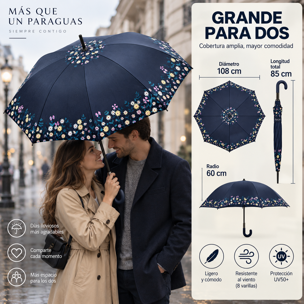 Home Universal® Paraguas Grande Semiautomático, Paraguas Largo Resistente al Viento con Mango Curvo para Mujer y Hombre (Azul Jardín)