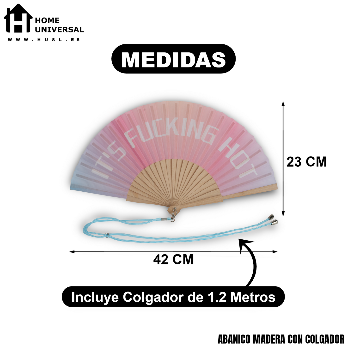 Home Universal® Abanico 23 cm con Cuerda para Cuello – Abanico Plegable de Madera Ligero y Portátil – Accesorio de Verano para Playa, Festivales, Bodas y Eventos – Diseño Divertido, Ideal para Viajes y Calor (IT´S FUC*ING HOT (Fantasía))