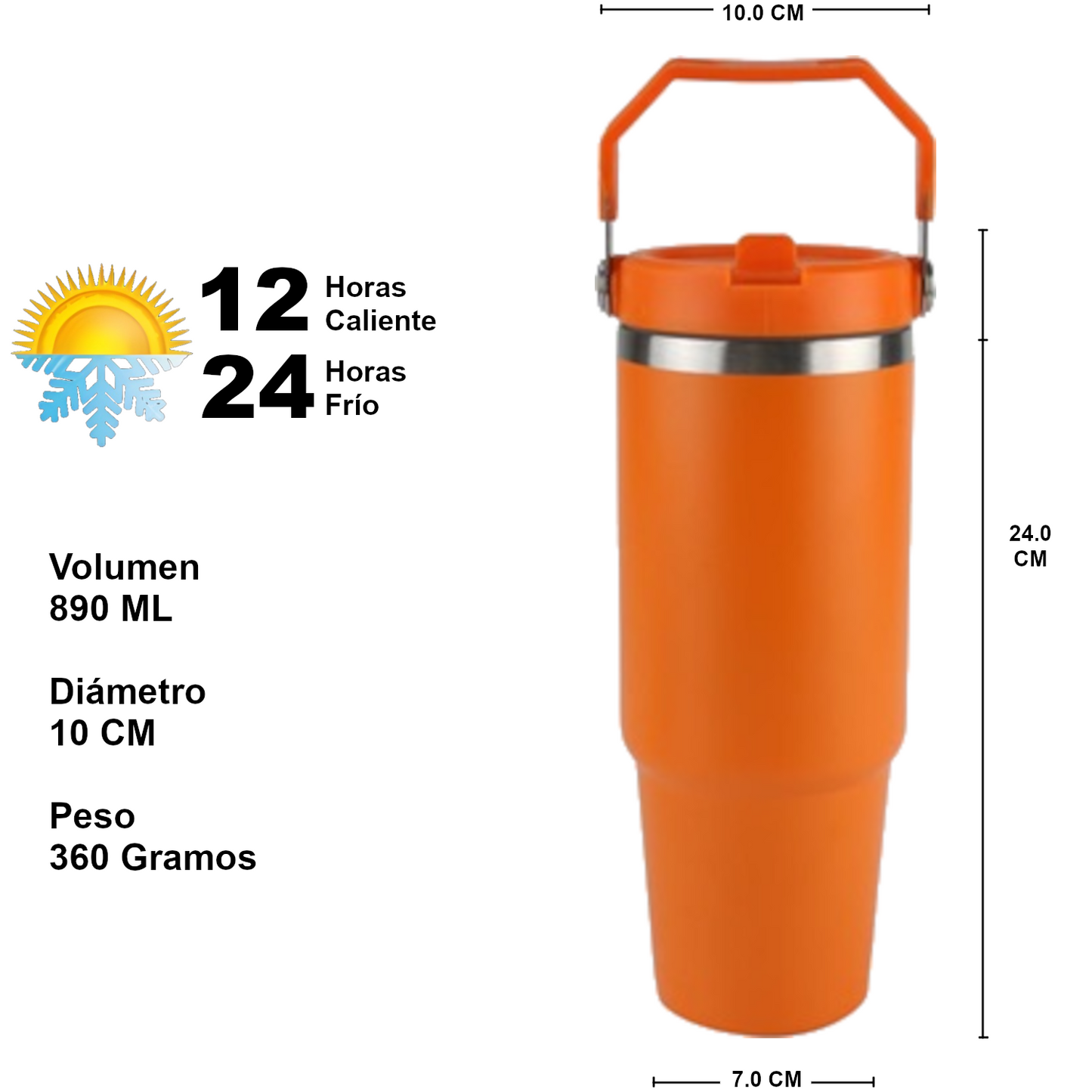 Home Universal ® Vaso térmico 890 ml | Botella de Agua Térmica 0,89L con Pajita | Acero Inoxidable sin BPA | Mantiene Frío 24h y Calor 12h | Termo Reutilizable Fácil de Llevar y Apto Lavavajillas (Naranja)