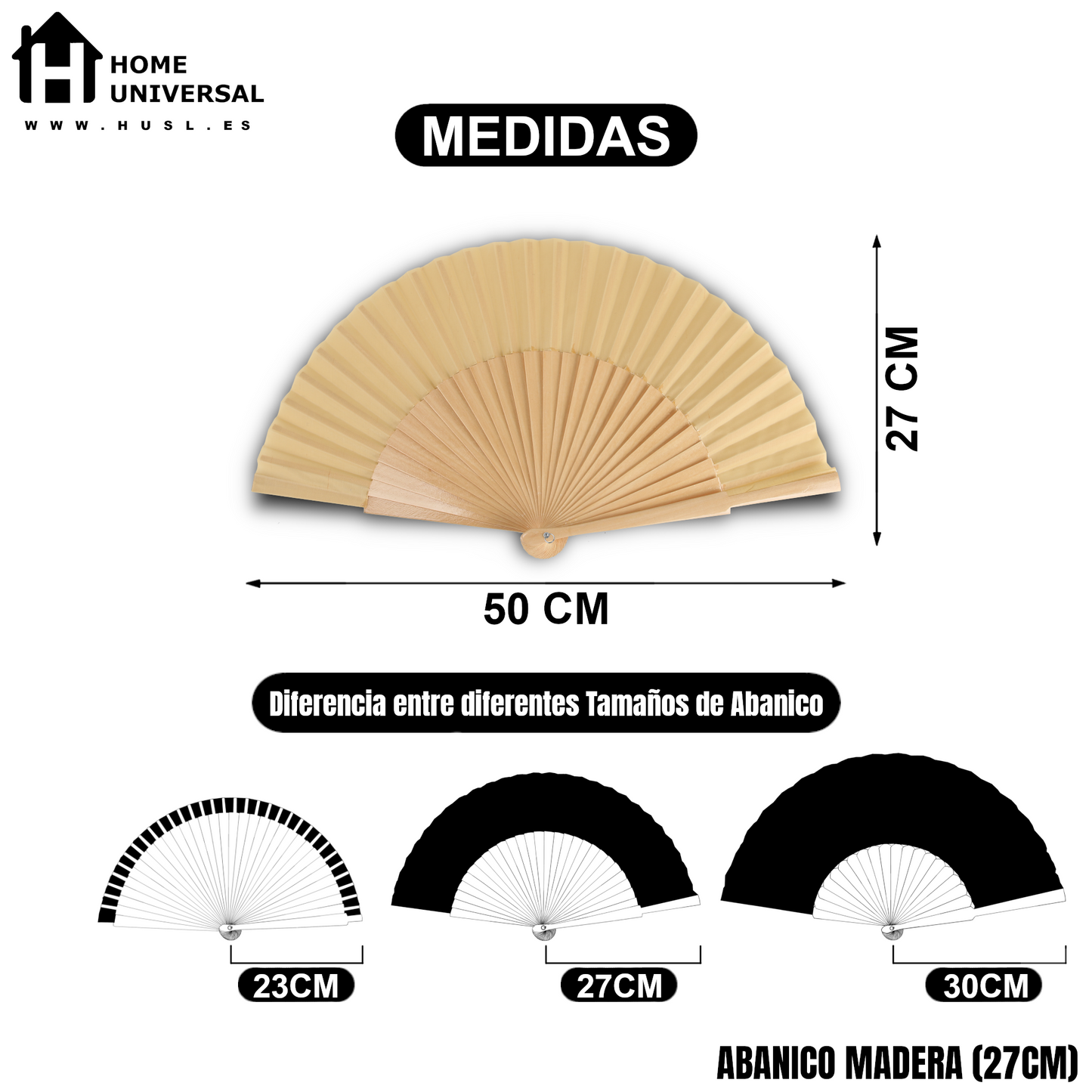 Home Universal® Abanico de madera con argollas para colgar, plegable, ligero y resistente, ideal para bodas, eventos y verano, diseño clásico y portátil perfecto para regalo y uso diario - Madera (27CM)