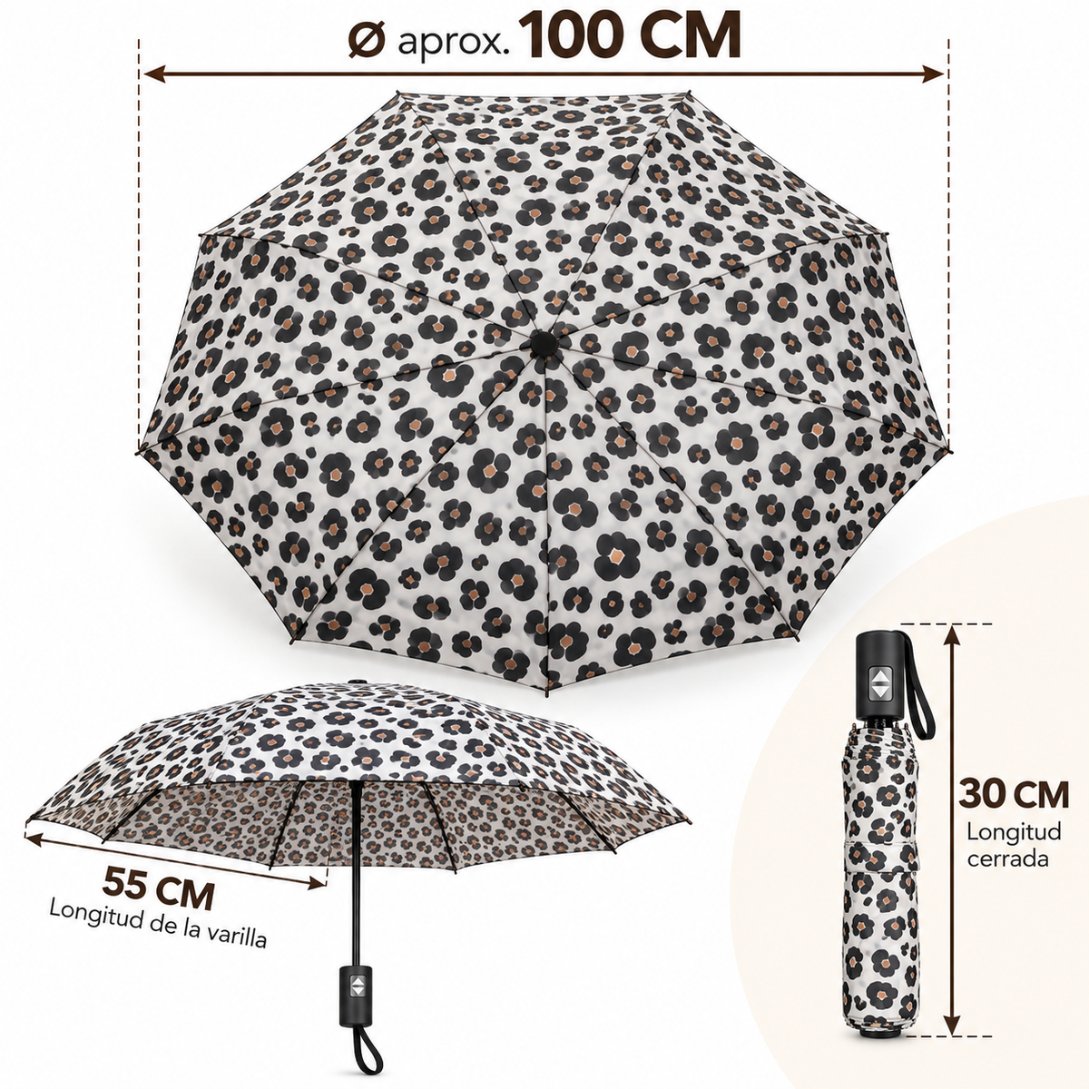 Home Universal® Paraguas Automático Plegable Grande, Compacto y Resistente, para Lluvia y Sol (Automático Apertura y Cierre (Leopardo Blanco Negro))
