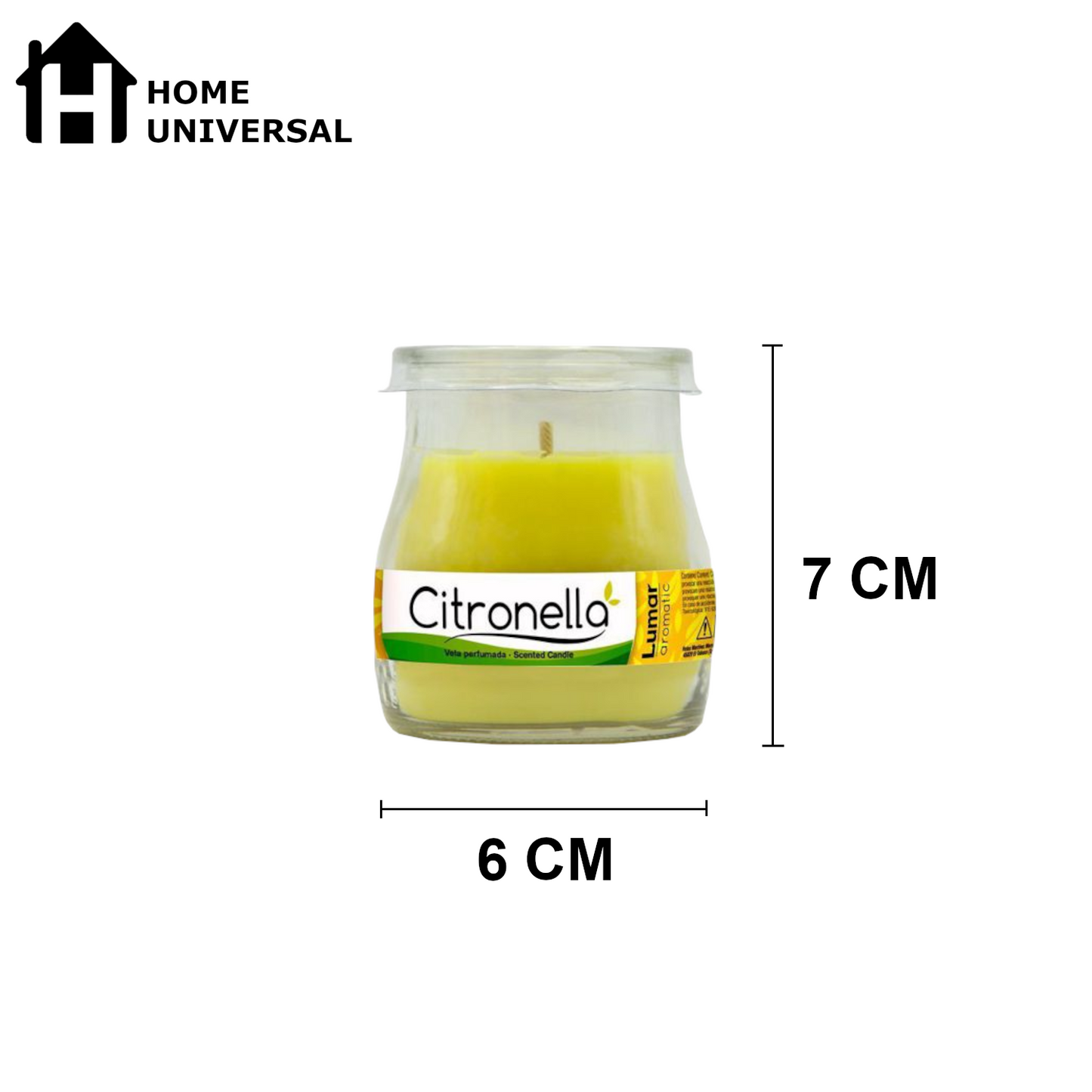 Home Universal® Pack de 3/6/12 Velas Aromáticas en Vaso de Cristal Reciclable LUMAR AROMATIC – 24h de Duración por Vela – Cera Vegetal Perfumada – 16 Fragancias Disponibles – Fabricadas en España – 7x6cm (Citronela)