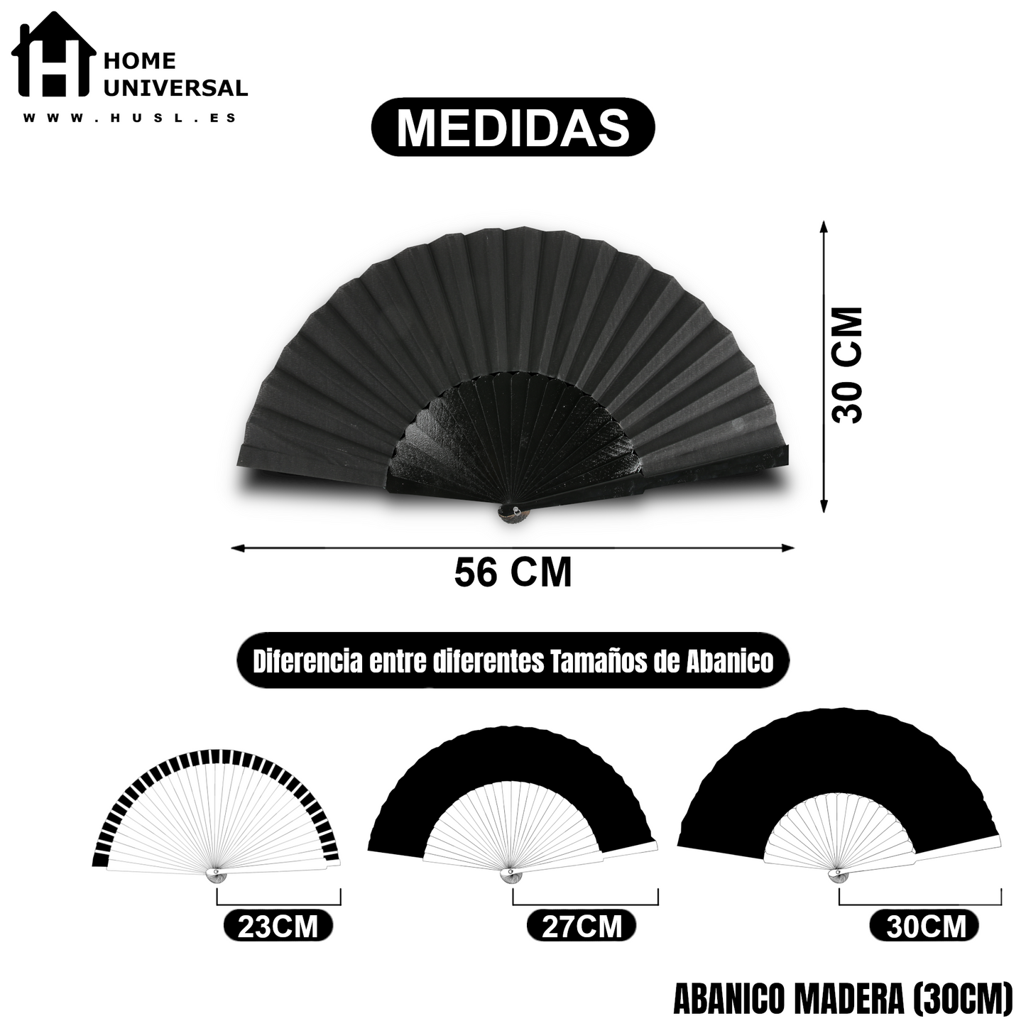 Home Universal® Abanico de madera con argollas para colgar, plegable, ligero y resistente, ideal para bodas, eventos y verano, diseño clásico y portátil perfecto para regalo y uso diario - Negro (30CM)