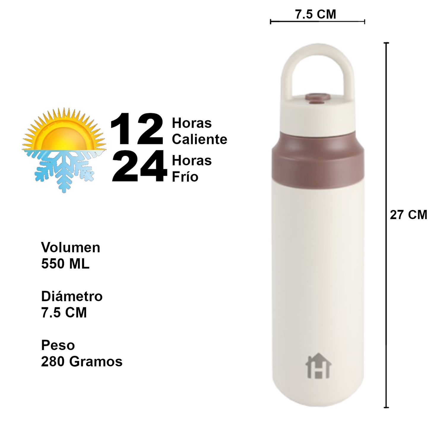 Home Universal® Botella Térmica 550ML de Apertura Rápida – Termo de Acero Inoxidable Antifugas para Café, Té y Bebidas Frías 24H/Calientes 12H (Beige)