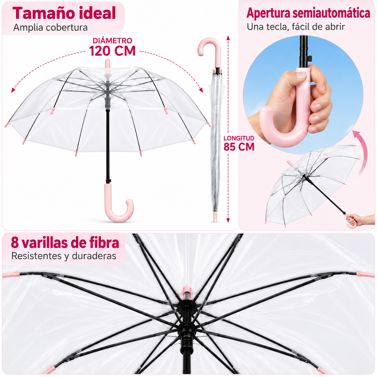 Home Universal® Paraguas Transparente Grande 120 cm, Paraguas de Cúpula con Mango Curvo, Apertura Semiautomática (Rosa)