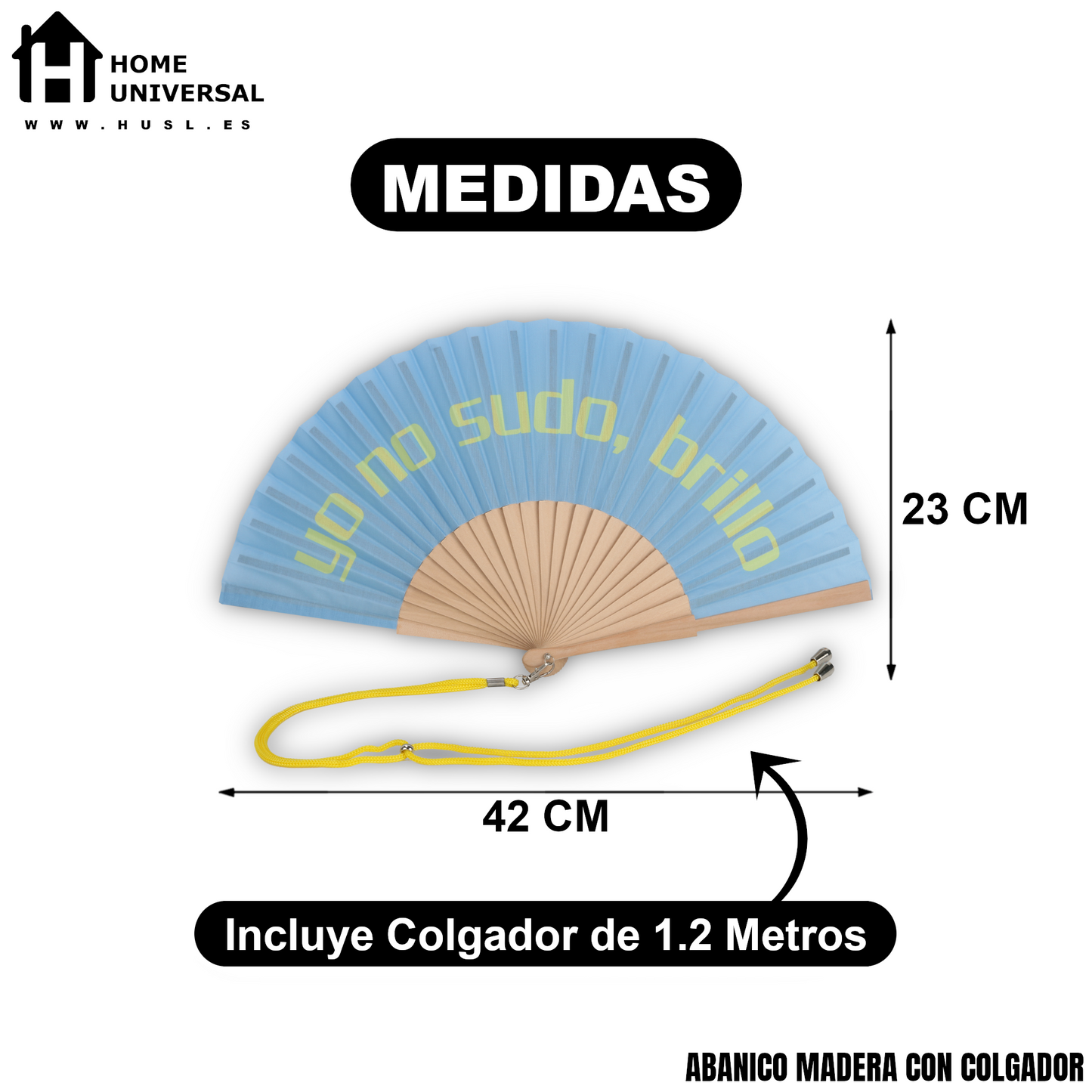 Home Universal® Abanico 23 cm con Cuerda para Cuello – Abanico Plegable de Madera Ligero y Portátil – Accesorio de Verano para Playa, Festivales, Bodas y Eventos – Diseño Divertido, Ideal para Viajes y Calor (yo no sudo, brillo (Celeste))