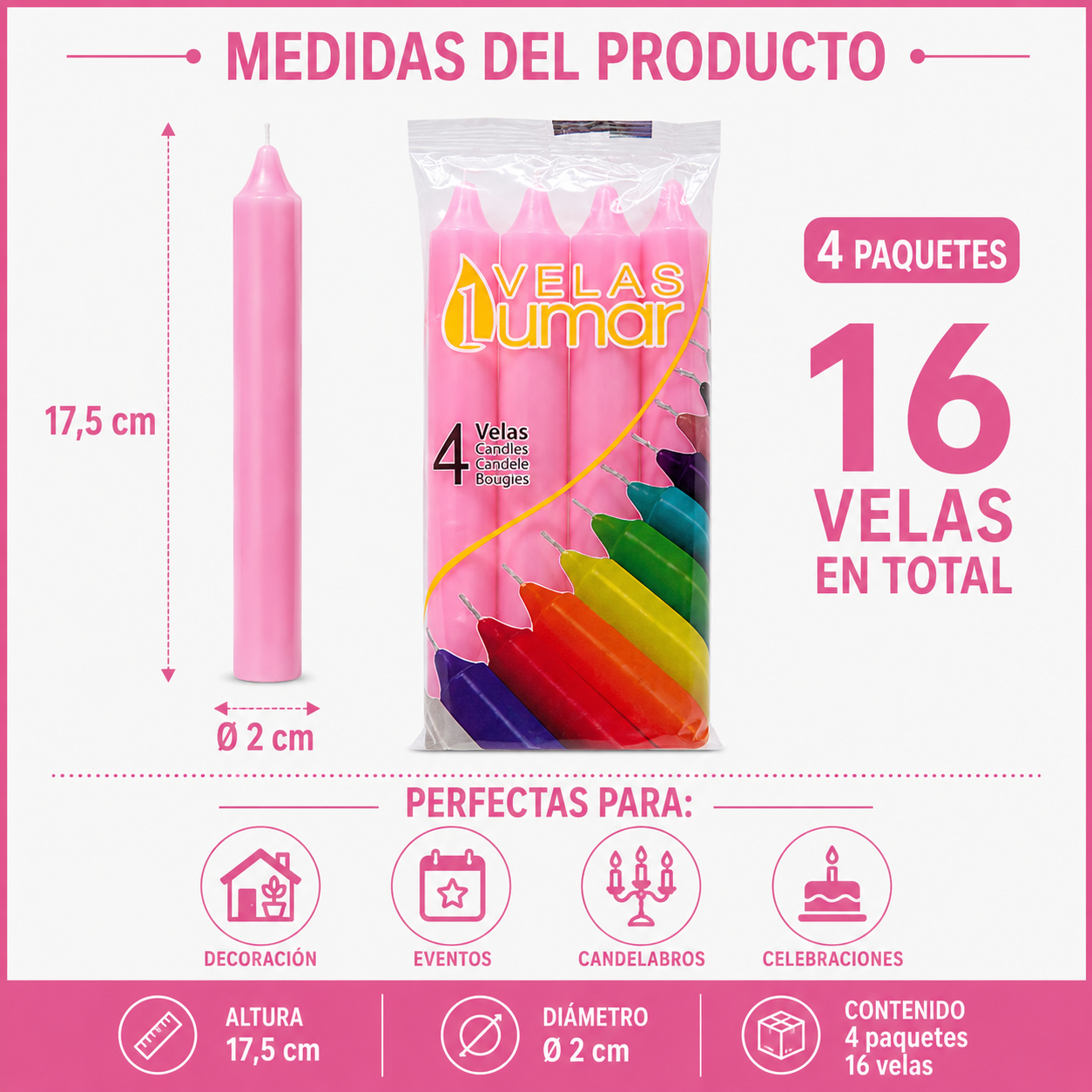 Home Universal® Pack de 16 Velas Cilíndricas Rosa Pastel 175x20 mm, Velas para Candelabros, Decoración de Mesa, Bodas, Comuniones y Eventos