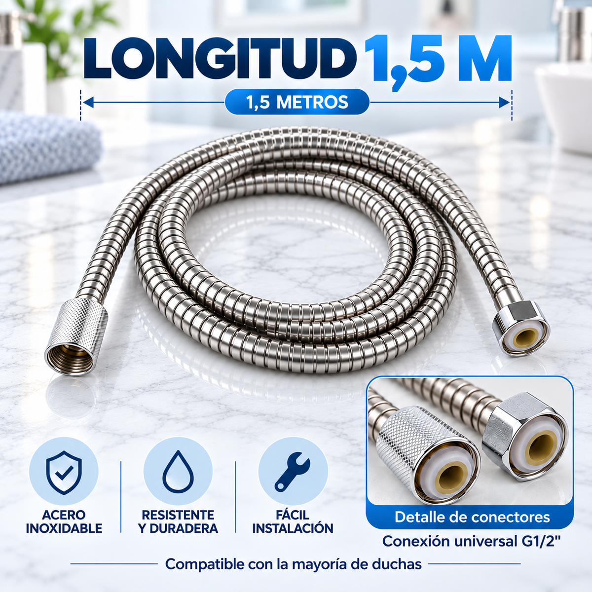 Home Universal® Manguera de Ducha Universal G1/2 – Flexible, Antienredos y Fácil de Instalar, Compatible con la Mayoría de Duchas (Plata Acero (1.5m))