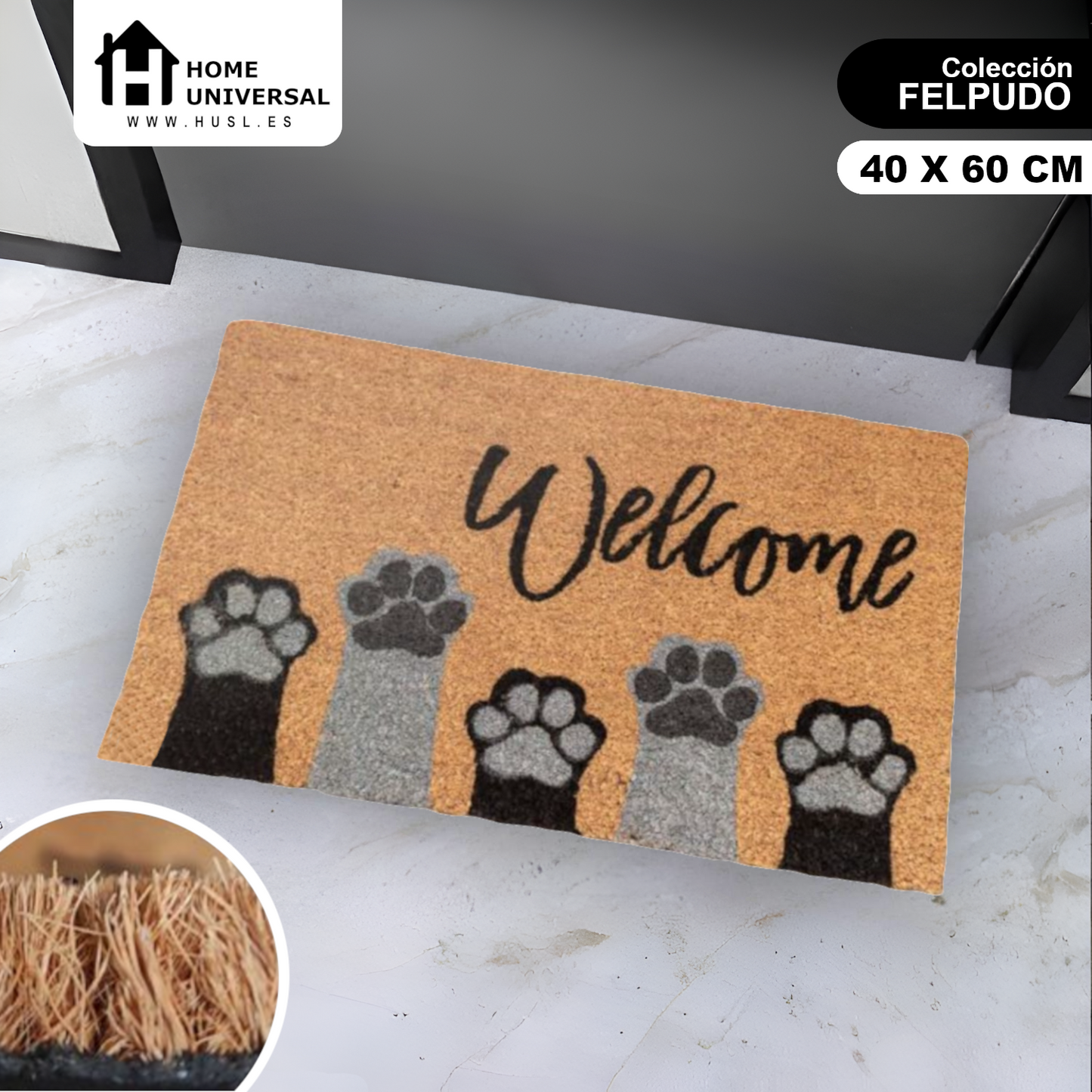 Home Universal ® Felpudos 60x40CM Fibra de Coco | Base Antideslizante de Caucho | Apto para el Exterior (Welcome manos de gato)