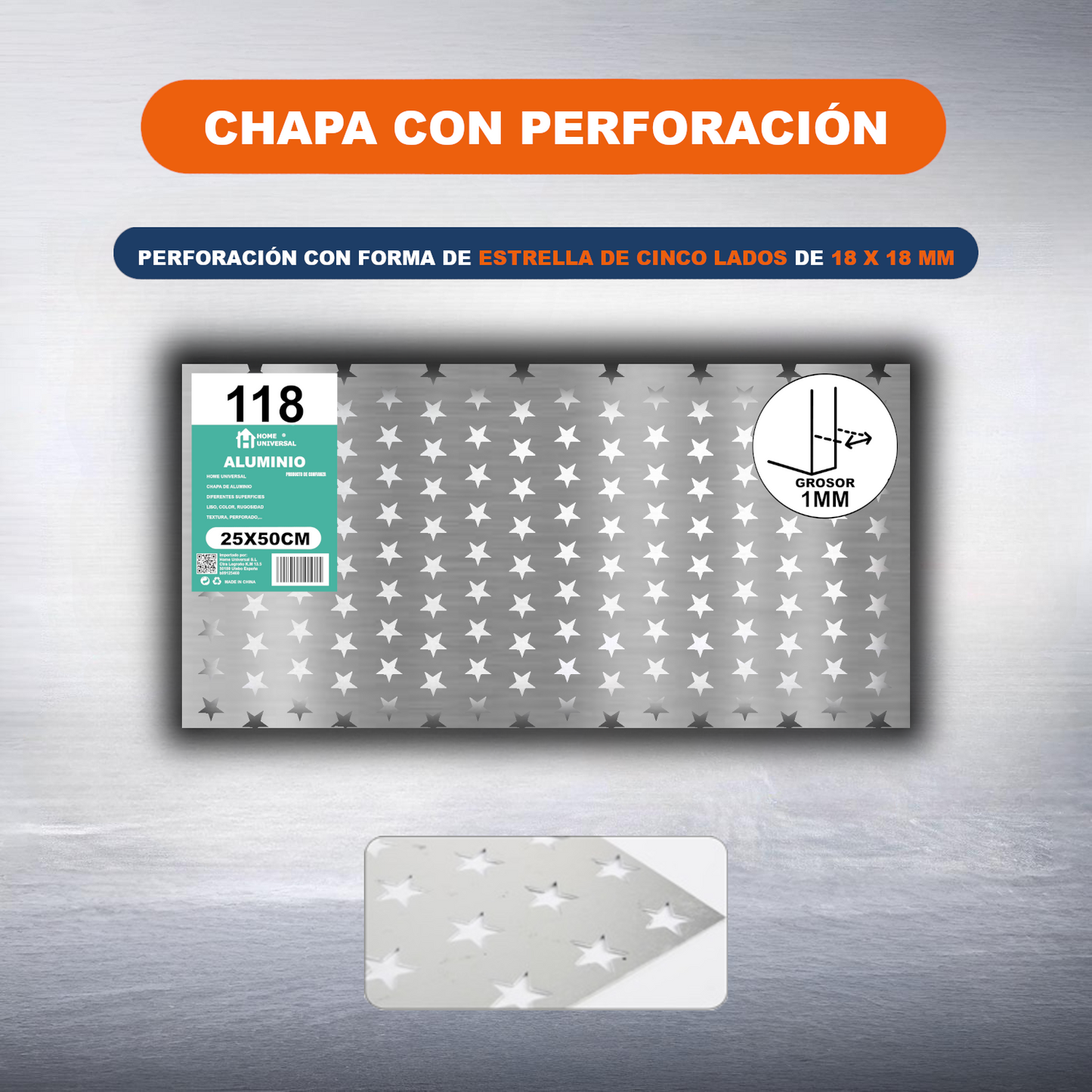 ome Universal® Chapa de Aluminio Estriada, Lisa, Malla y Perforada (Cuadrada, Ovalada, Redonda), Rugosa – Lámina Metálica Resistente Anticorrosión para Bricolaje e Industria Superficie (Perforada Forma) - Estrella-18X18MM (25X50CM - 1MM)