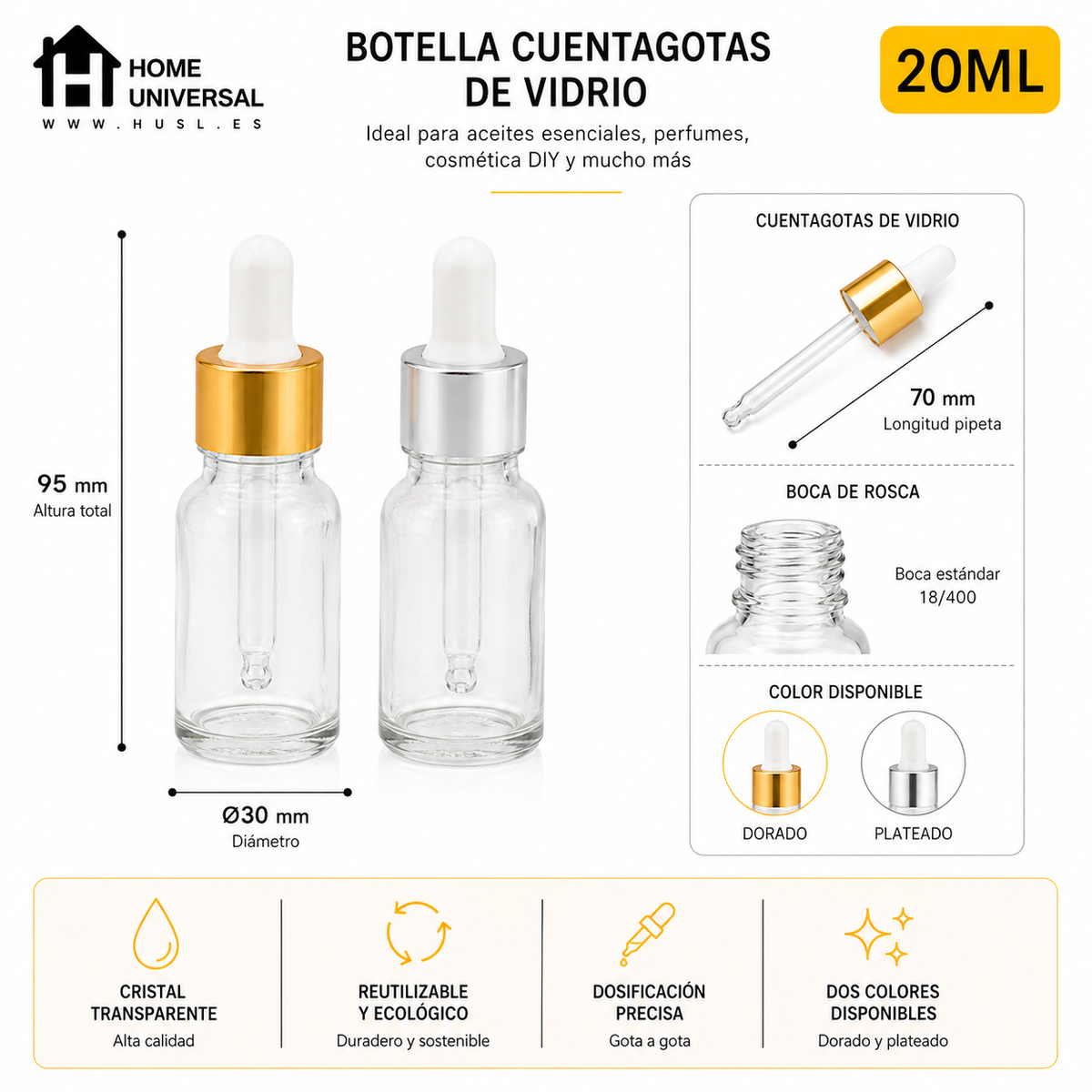 Home Universal® Frascos de Vidrio con Cuentagotas, Pipeta Redonda y Pipeta Larga, Botellas Vacías para Aceites Esenciales, Sérum, Cosmética, Perfumería, DIY (Pipeta Larga, 20ml, 24 Unidades)