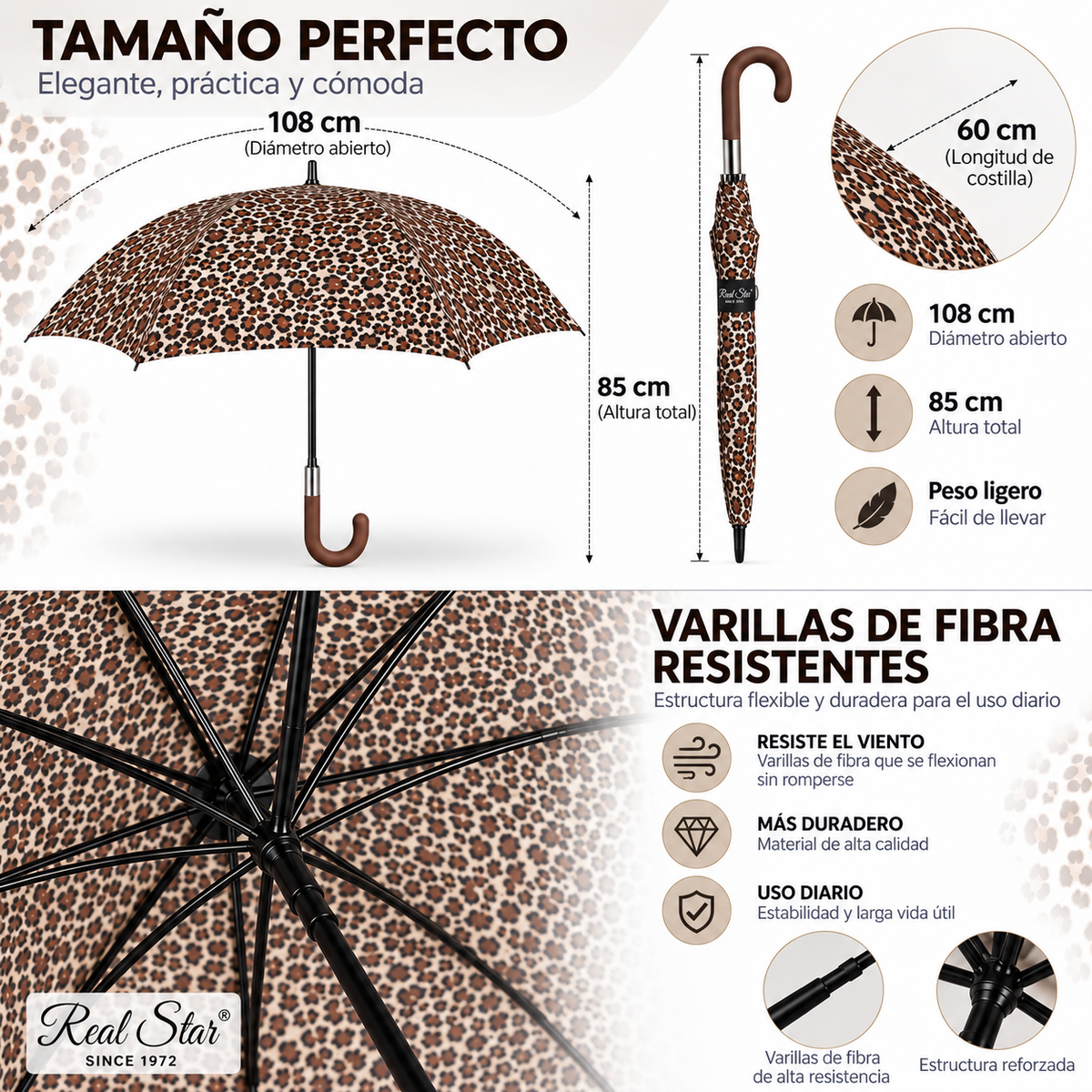 Home Universal® Paraguas Grande Semiautomático, Paraguas Largo Resistente al Viento con Mango Curvo para Mujer y Hombre (Leopardo Marrón)