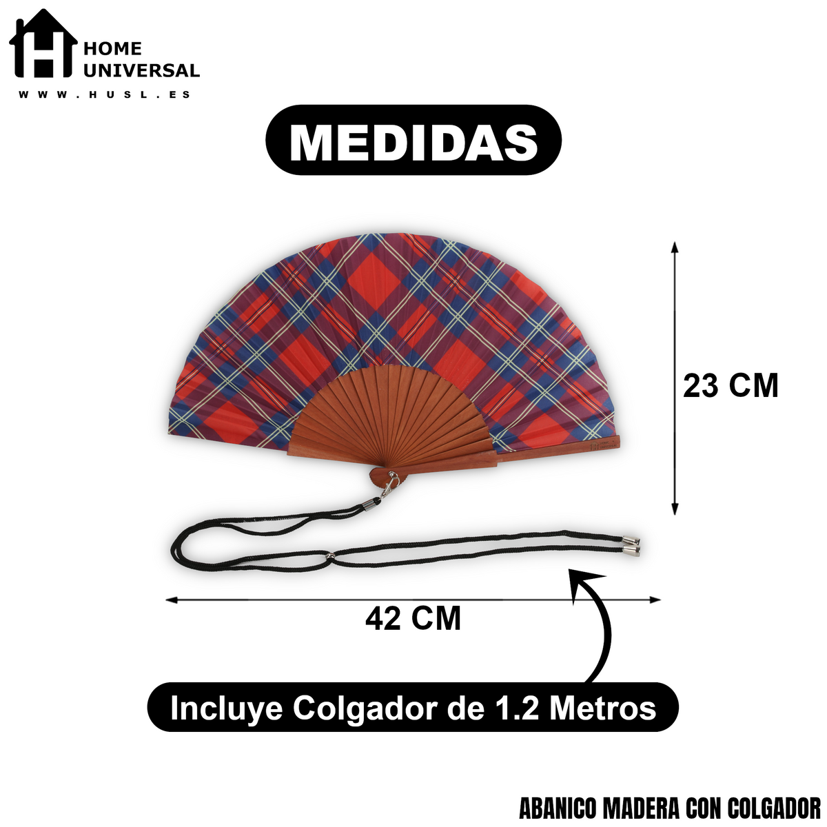 Home Universal® Abanico de Madera con Tela 23 cm, Abanico Plegable de Mano con Cordón, Ligero y Portátil para Verano, Bodas, Ferias y Fiestas (Tartán Rojo)