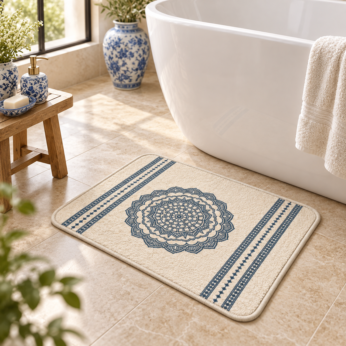 Home Universal® 2 Alfombras de Baño Absorbentes y Antideslizantes, Alfombrillas Suaves con Base de Goma, Lavables a Máquina, para Ducha, Bañera y Lavabo (Mandala Azul, 40 x 60 cm (Rectangular))