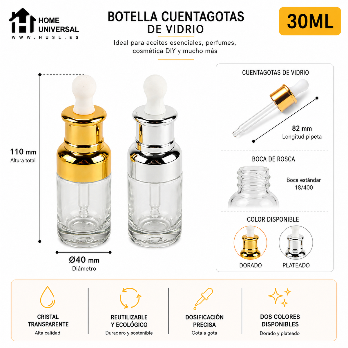 Home Universal® Frascos de Vidrio con Cuentagotas, Pipeta Redonda y Pipeta Larga, Botellas Vacías para Aceites Esenciales, Sérum, Cosmética, Perfumería, DIY (Pipeta Redonda, 30ml, 12 Unidades)
