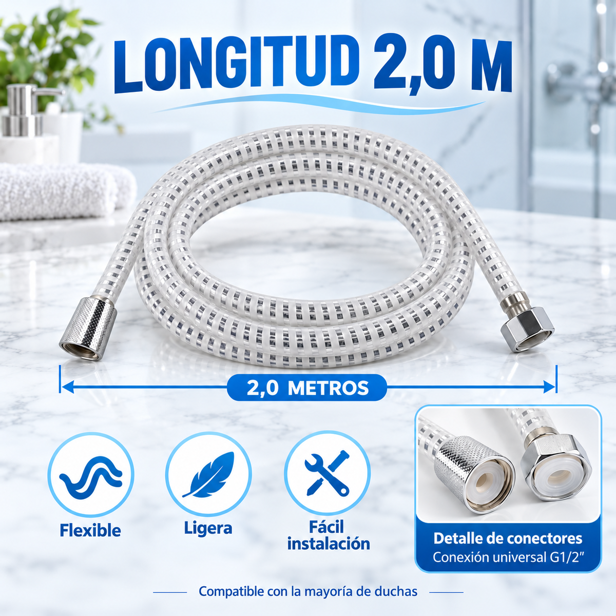 Home Universal® Manguera de Ducha Universal G1/2 – Flexible, Antienredos y Fácil de Instalar, Compatible con la Mayoría de Duchas (Blanco Plata (2.0m))