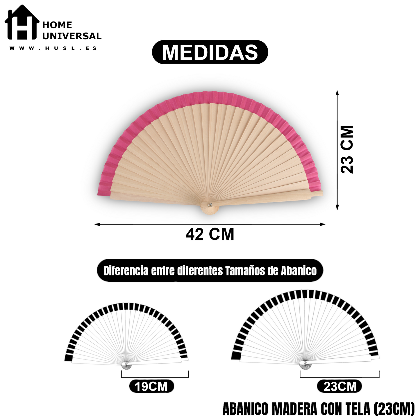 Home Universal®  Abanicos de Madera con Argolla para Cuello, Plegables con Tela en Varios Colores - Ligeros, Portátiles y Resistentes para Eventos, Bodas y Verano - Rosa 23 CM (12 Unidades)