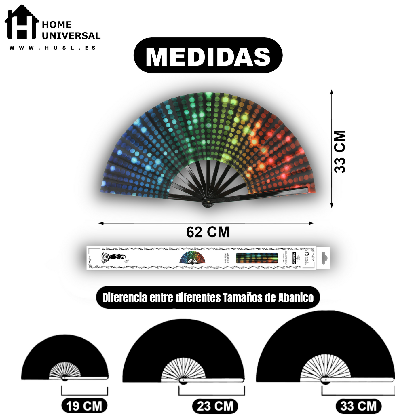 Home Universal® Abanico XXL 33 cm Grande de Plástico con Caja – Plegable, Ligero y Resistente – Efecto Fluorescente Brillante – Ideal para Verano, Fiesta, Discoteca, Pride y Eventos (Discoteca - Círculo)