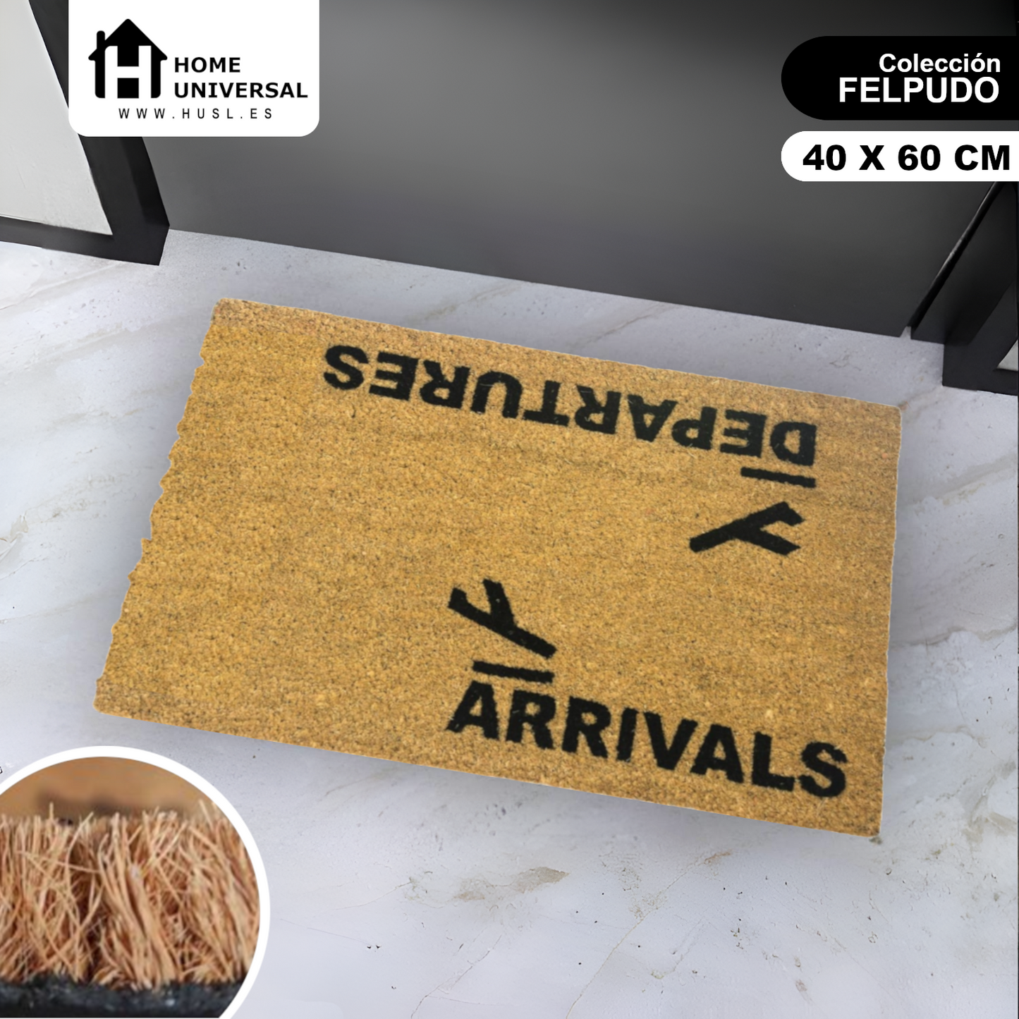 HOME UNIVERSAL | Felpudos de Fibra de Coco con Base Antideslizante 60x40x1.5CM (LLEGADA/SALIDA)