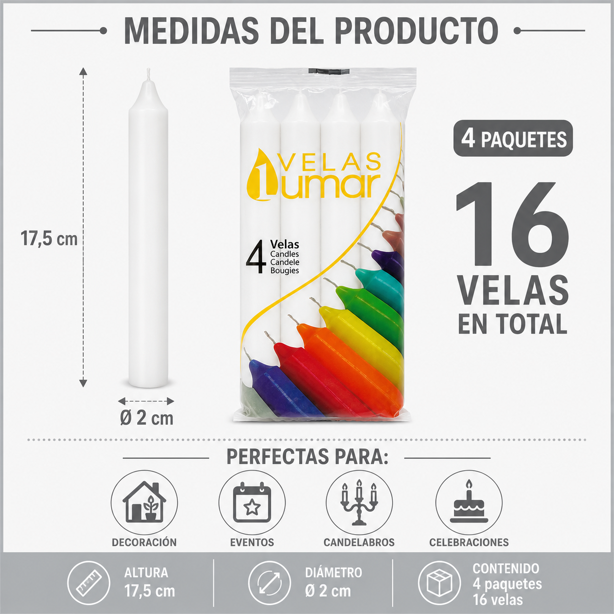 Home Universal® Pack de 16 Velas Cilíndricas Blanco Puro 175x20 mm, Velas para Candelabros, Decoración de Mesa, Bodas, Comuniones y Eventos