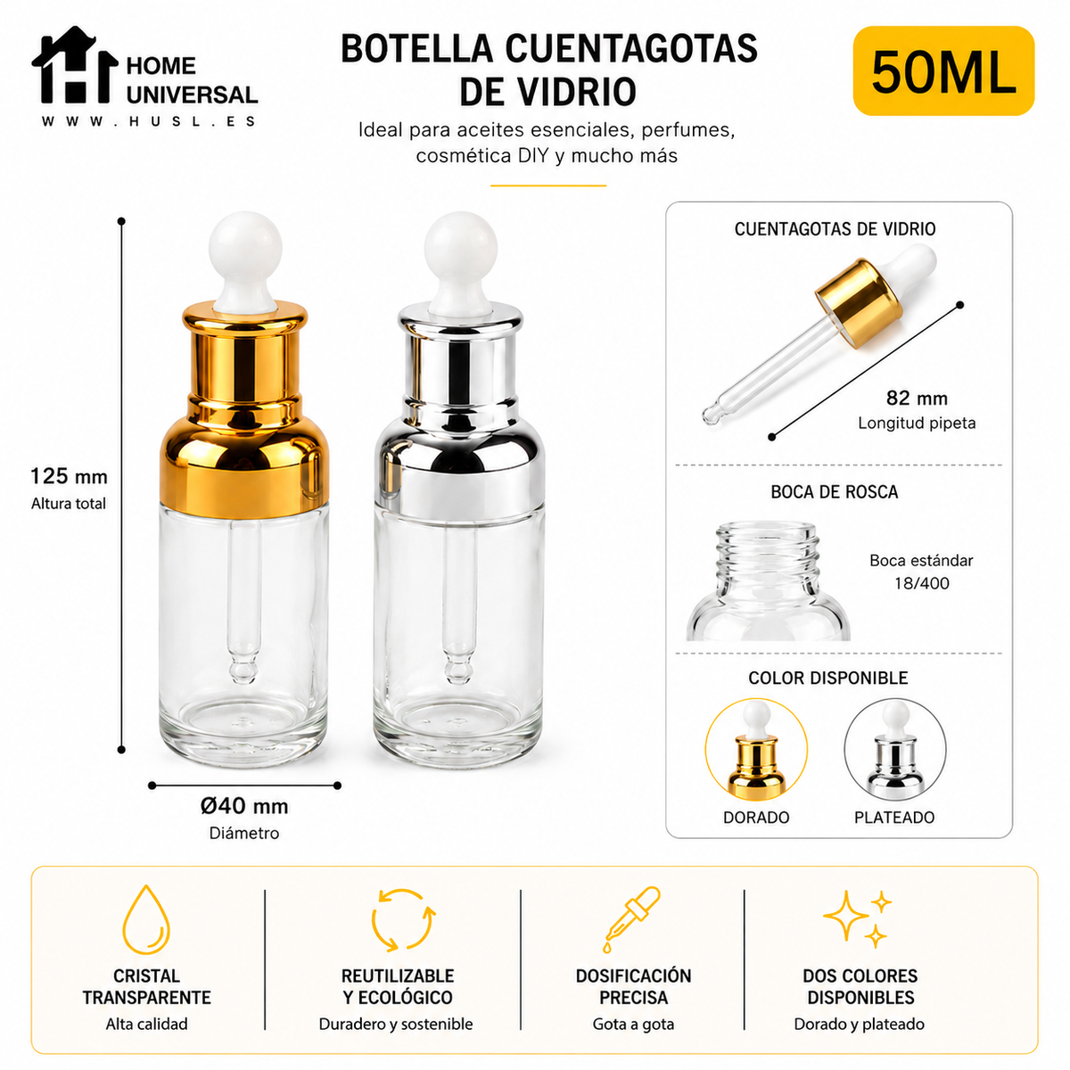 Home Universal® Frascos de Vidrio con Cuentagotas, Pipeta Redonda y Pipeta Larga, Botellas Vacías para Aceites Esenciales, Sérum, Cosmética, Perfumería, DIY (Pipeta Redonda, 50ml, 12 Unidades)