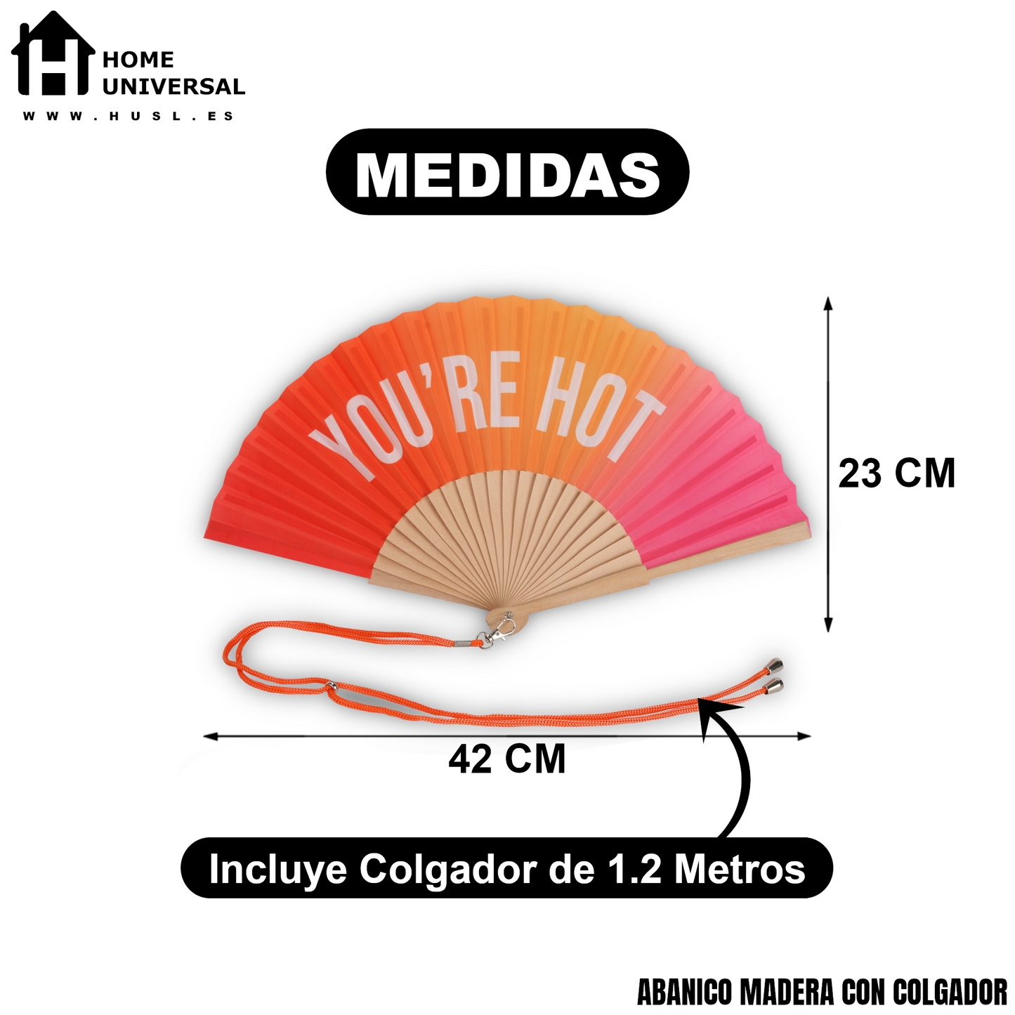 Home Universal® Abanico 23 cm con Cuerda para Cuello – Abanico Plegable de Madera Ligero y Portátil – Accesorio de Verano para Playa, Festivales, Bodas y Eventos – Diseño Divertido, Ideal para Viajes y Calor (YOU´RE HOT (Cálido))