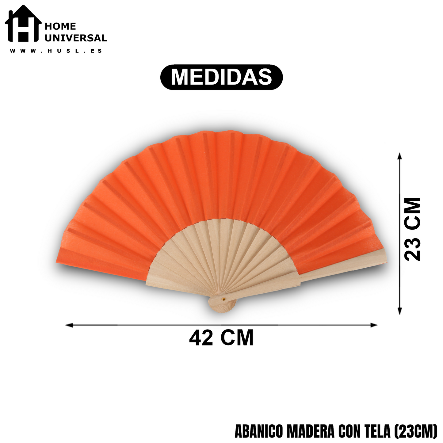 Home Universal ® Pack 12 Unidades Abanicos Madera con Tela Lisa 23cm, Detalles para los Invitados, Regalos de Boda, Fiestas, Comuniones y Otros Eventos - Naranja (12 Unidades)