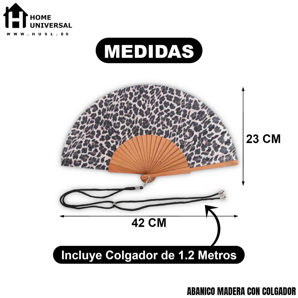 Home Universal® Abanico de Madera con Tela 23 cm, Abanico Plegable de Mano con Cordón, Ligero y Portátil para Verano, Bodas, Ferias y Fiestas (Leopardo Rosa)