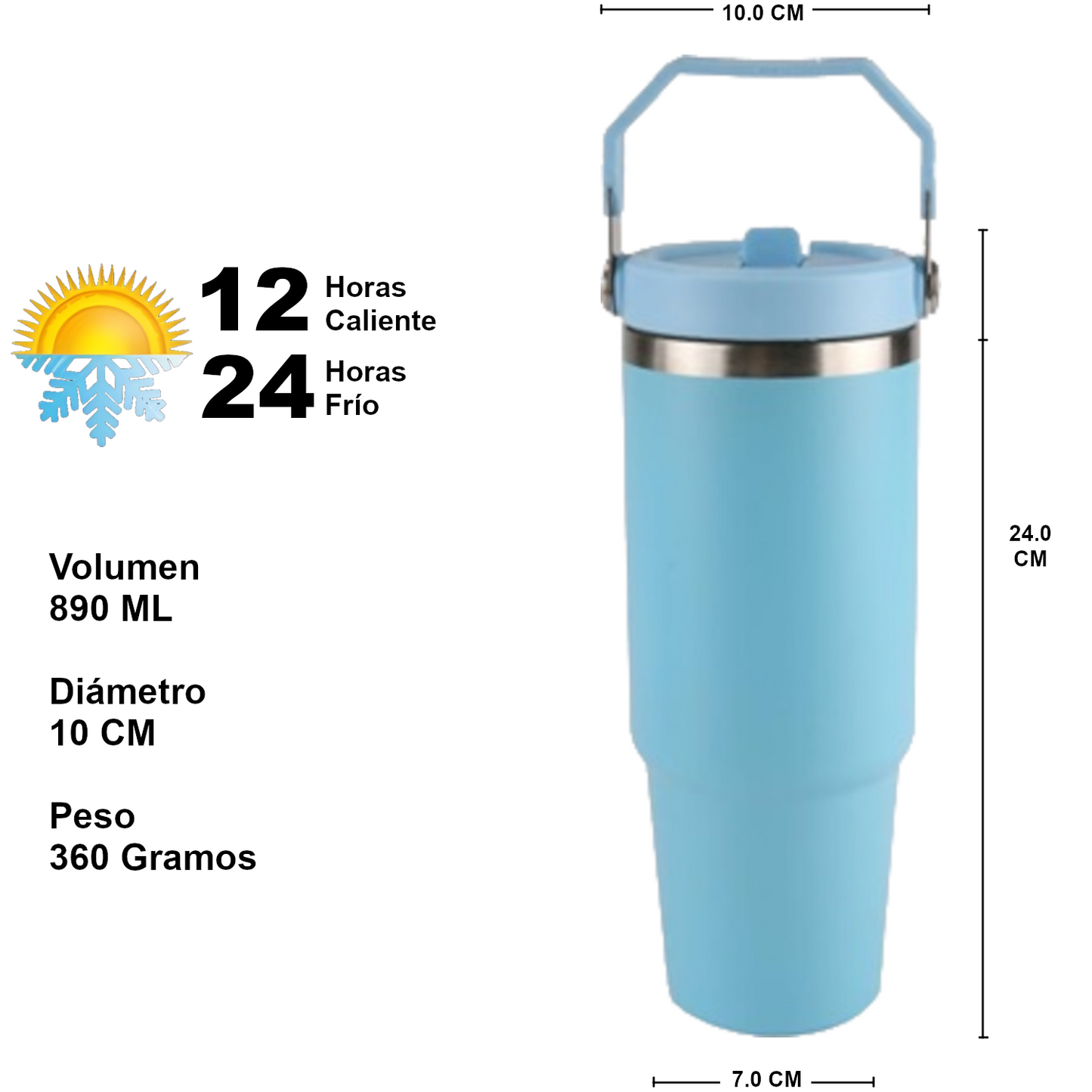 Home Universal ® Vaso térmico 890 ml | Botella de Agua Térmica 0,89L con Pajita | Acero Inoxidable sin BPA | Mantiene Frío 24h y Calor 12h | Termo Reutilizable Fácil de Llevar y Apto Lavavajillas (Azul Claro)