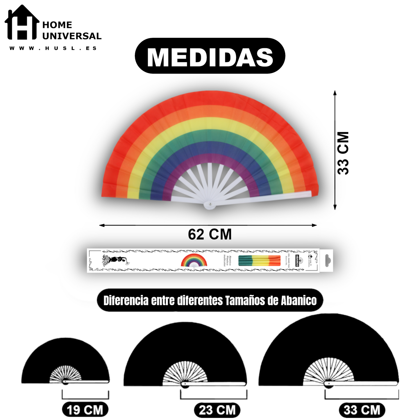 Home Universal® Abanico XXL 33 cm Grande de Plástico con Caja – Plegable, Ligero y Resistente – Efecto Fluorescente Brillante – Ideal para Verano, Fiesta, Discoteca, Pride y Eventos (ArcoÍris - Estampado)