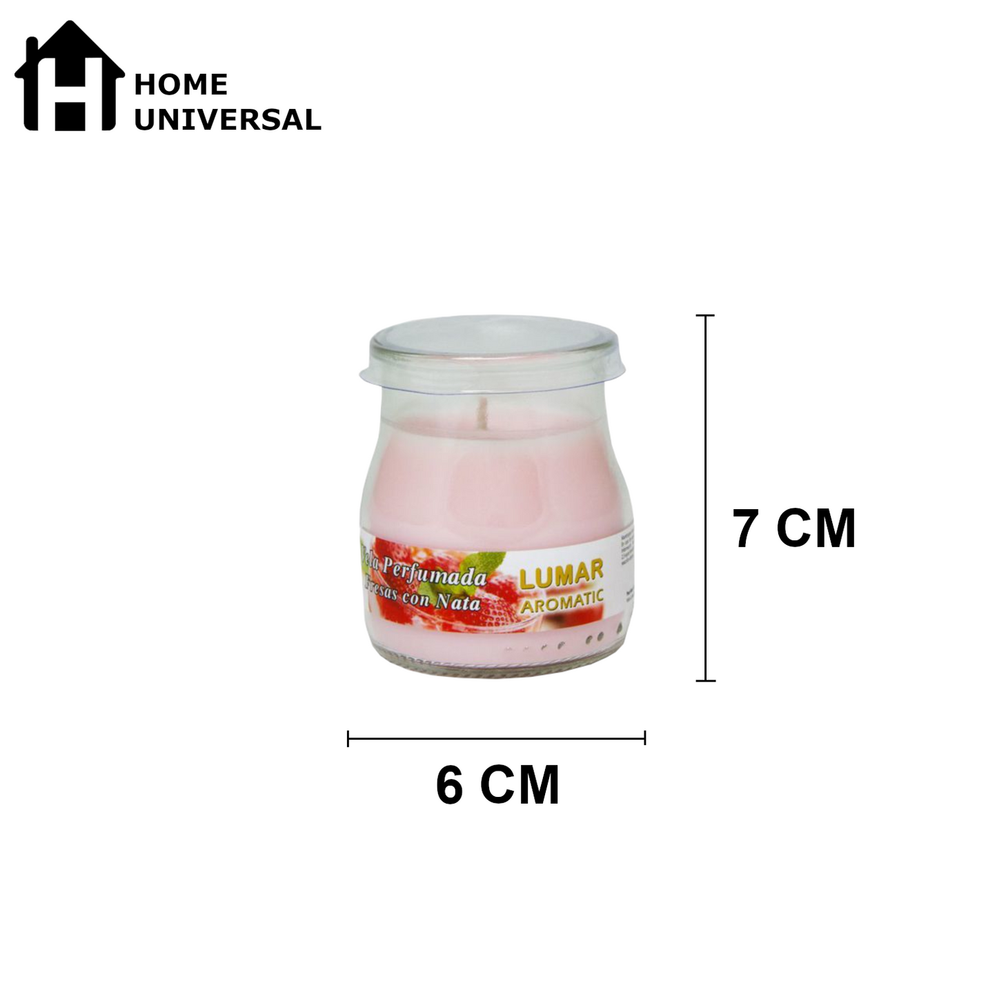 Home Universal® Pack de 3/6/12 Velas Aromáticas en Vaso de Cristal Reciclable LUMAR AROMATIC – 24h de Duración por Vela – Cera Vegetal Perfumada – 16 Fragancias Disponibles – Fabricadas en España – 7x6cm (Fresas con Nata)