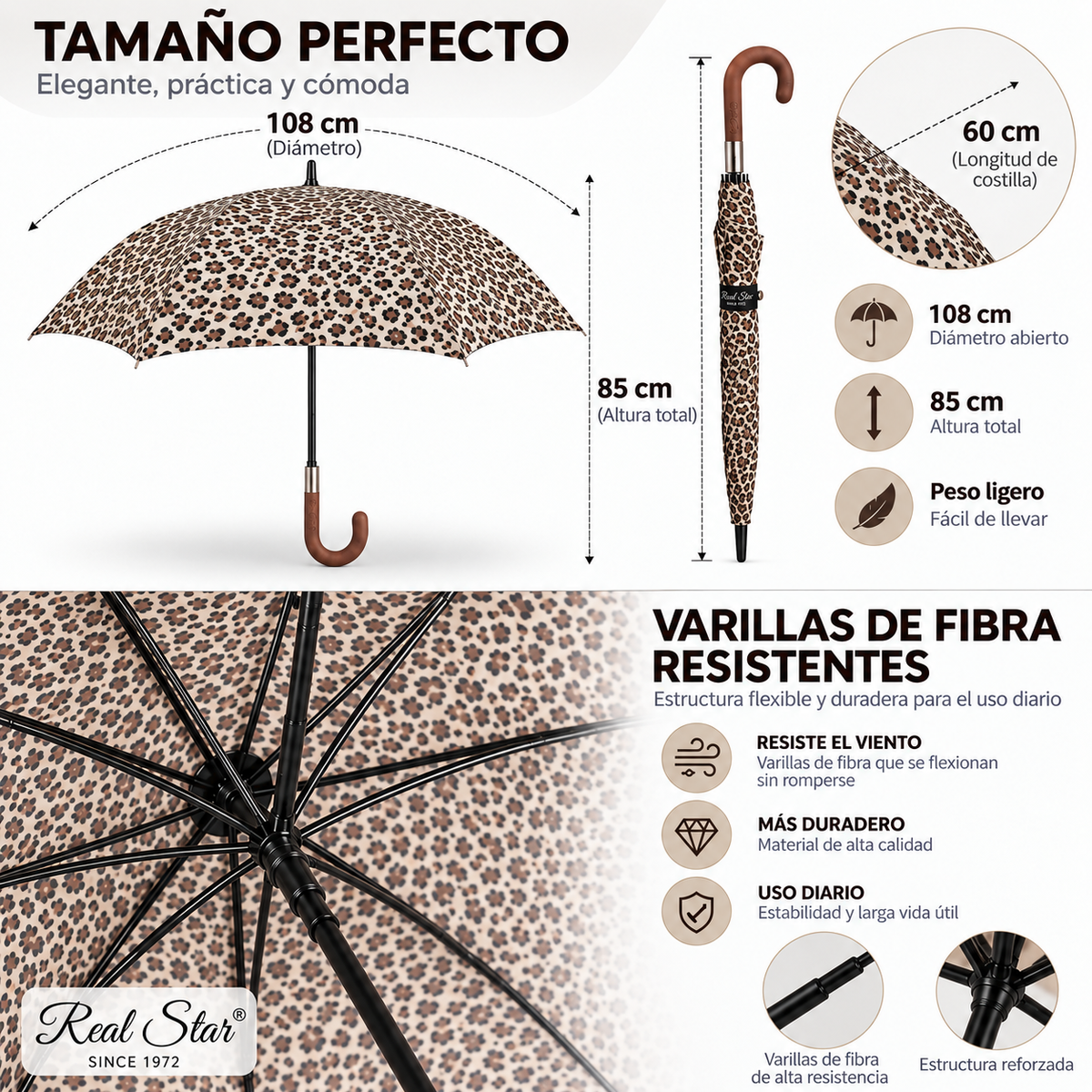 Home Universal® Paraguas Grande Semiautomático, Paraguas Largo Resistente al Viento con Mango Curvo para Mujer y Hombre (Leopardo Beige)
