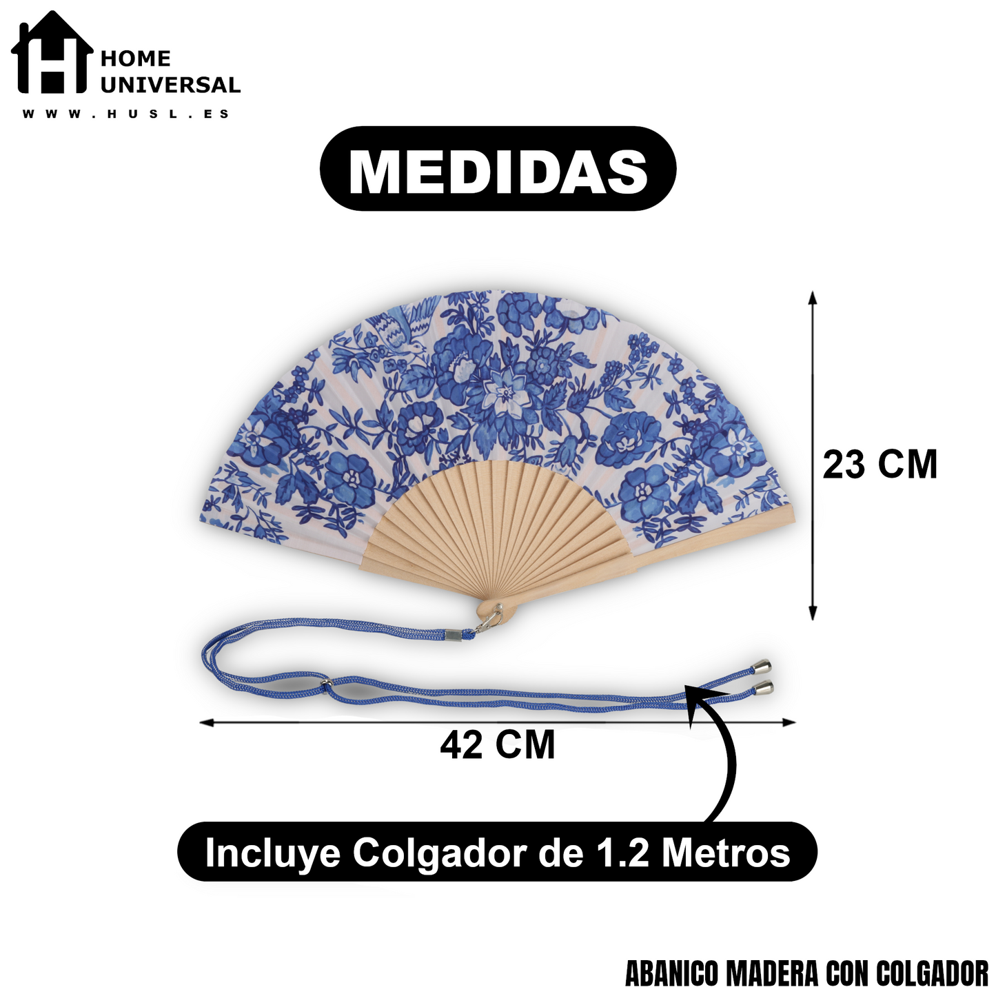 Home Universal® Abanico 23 cm con Cuerda para Cuello – Abanico Plegable de Madera Ligero y Portátil – Accesorio de Verano para Playa, Festivales, Bodas y Eventos – Diseño Divertido, Ideal para Viajes y Calor (Dibujo Flores Azul)