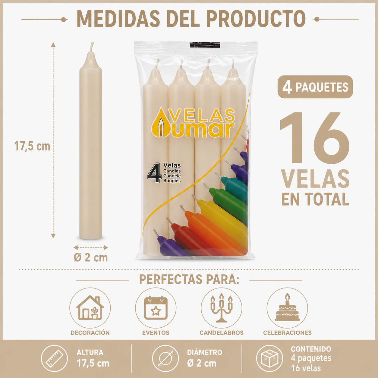 Home Universal® Pack de 16 Velas Cilíndricas Crema Marfil 175x20 mm, Velas para Candelabros, Decoración de Mesa, Bodas, Comuniones y Eventos