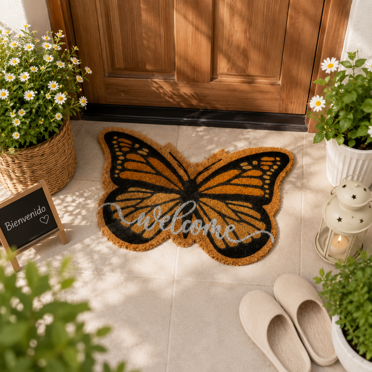 Home Universal ® Felpudos 60x40CM Fibra de Coco | Base Antideslizante de Caucho | Apto para el Exterior (Mariposa Welcome)