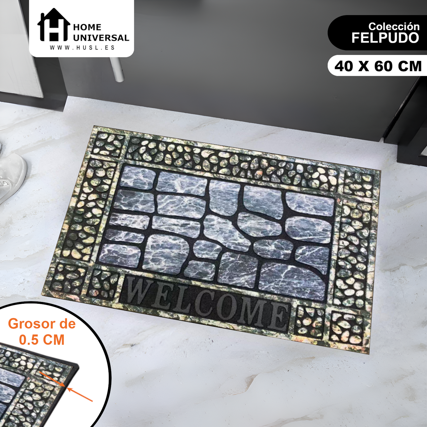 Home Universal® Felpudo de Goma Antideslizante para Exterior y interior – Resistente a Lluvia y Barro, Limpia Zapatos, Alta Durabilidad – Varias Medidas, 40X60CM, WELCOME (Lajas Grises con Marco)