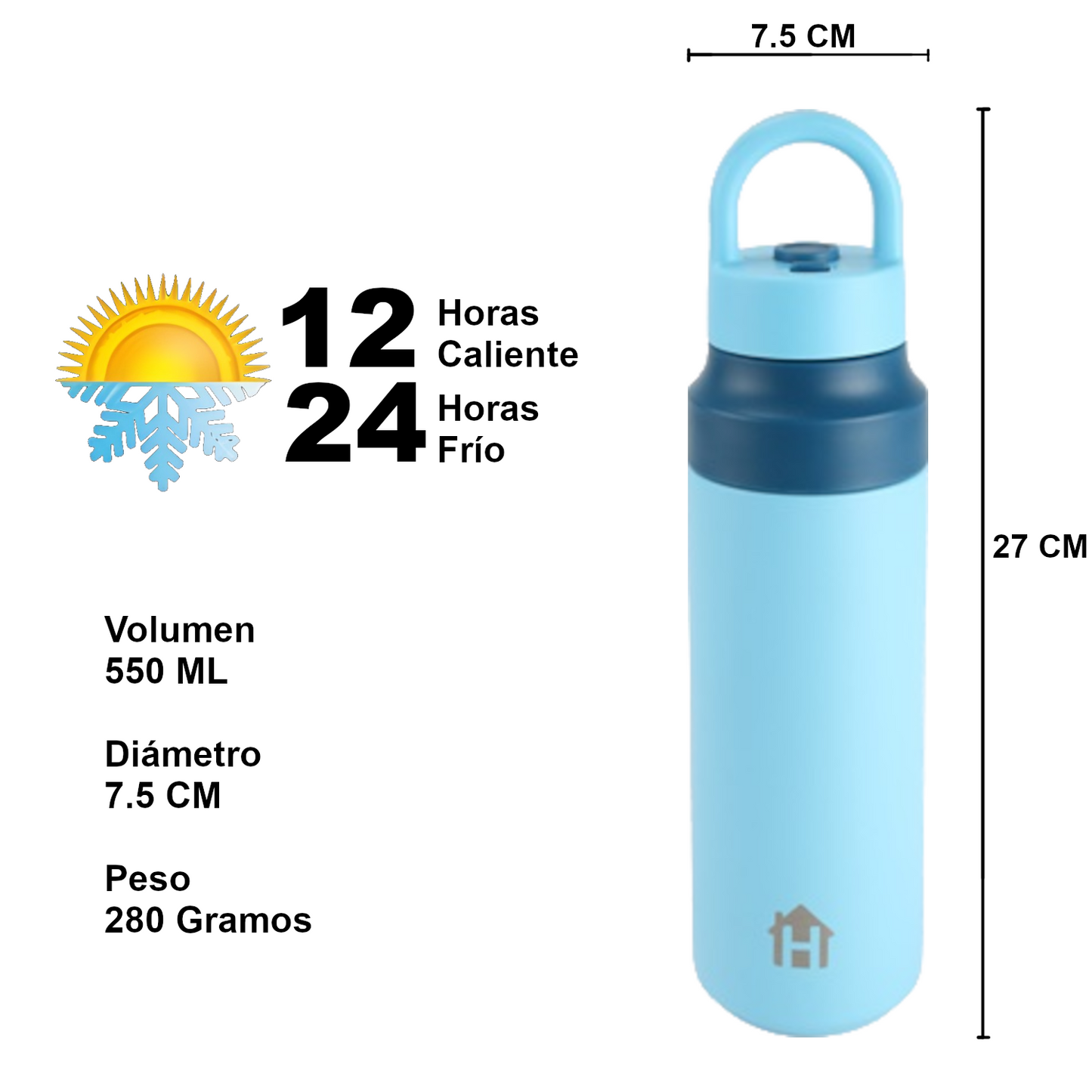 Home Universal® Botella Térmica 550ML de Apertura Rápida – Termo de Acero Inoxidable Antifugas para Café, Té y Bebidas Frías 24H/Calientes 12H (Azul Celeste)