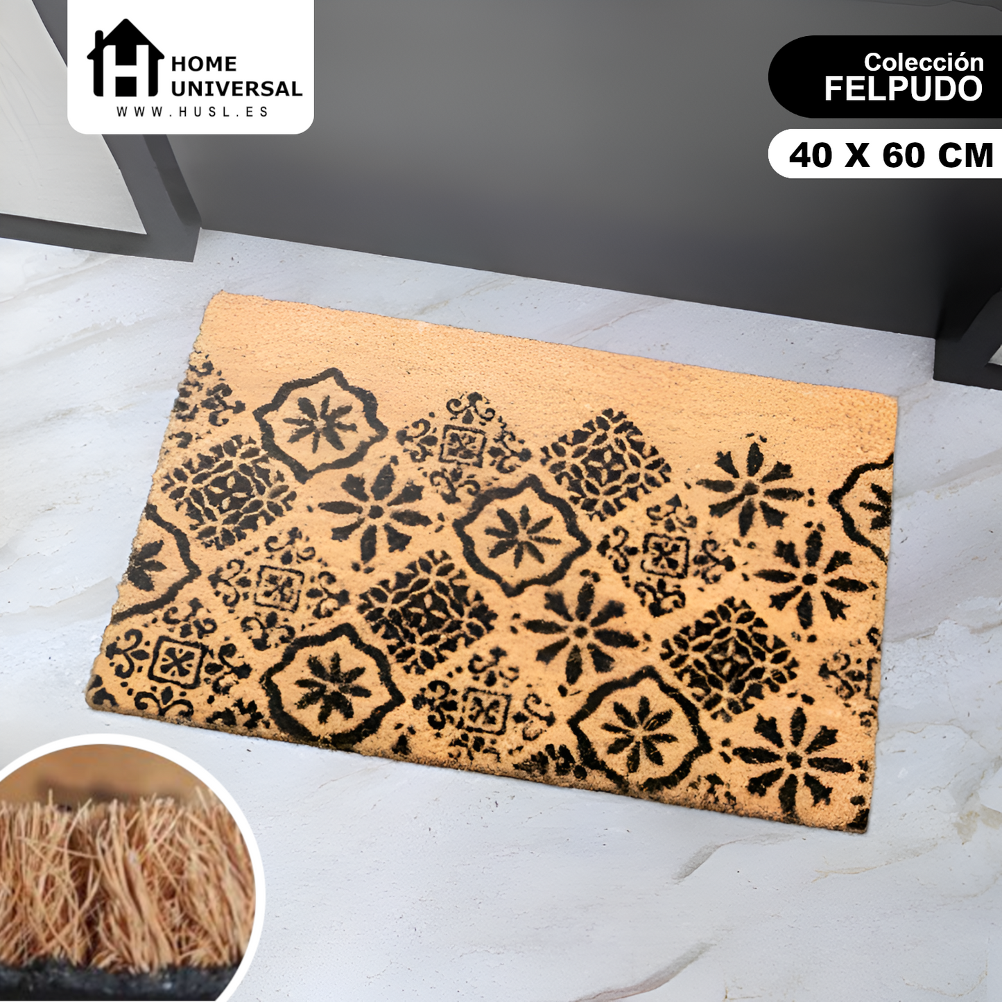 Home Universal ® Felpudos 60x40CM Fibra de Coco | Base Antideslizante de Caucho | Apto para el Exterior (Relieve Baldosas)
