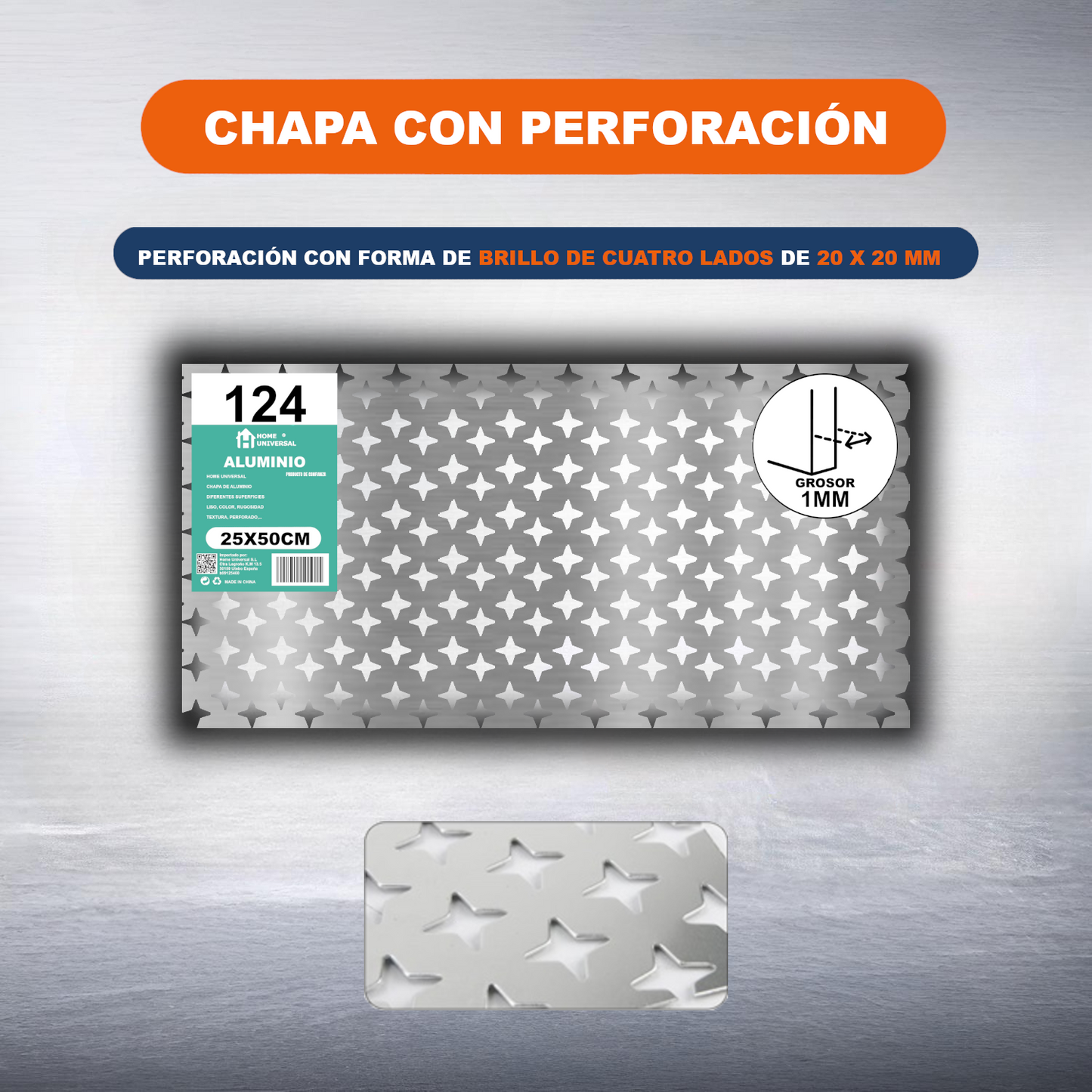 ome Universal® Chapa de Aluminio Estriada, Lisa, Malla y Perforada (Cuadrada, Ovalada, Redonda), Rugosa – Lámina Metálica Resistente Anticorrosión para Bricolaje e Industria Superficie (Perforada Forma) - Brillo-20X20MM (25X50CM - 1MM)