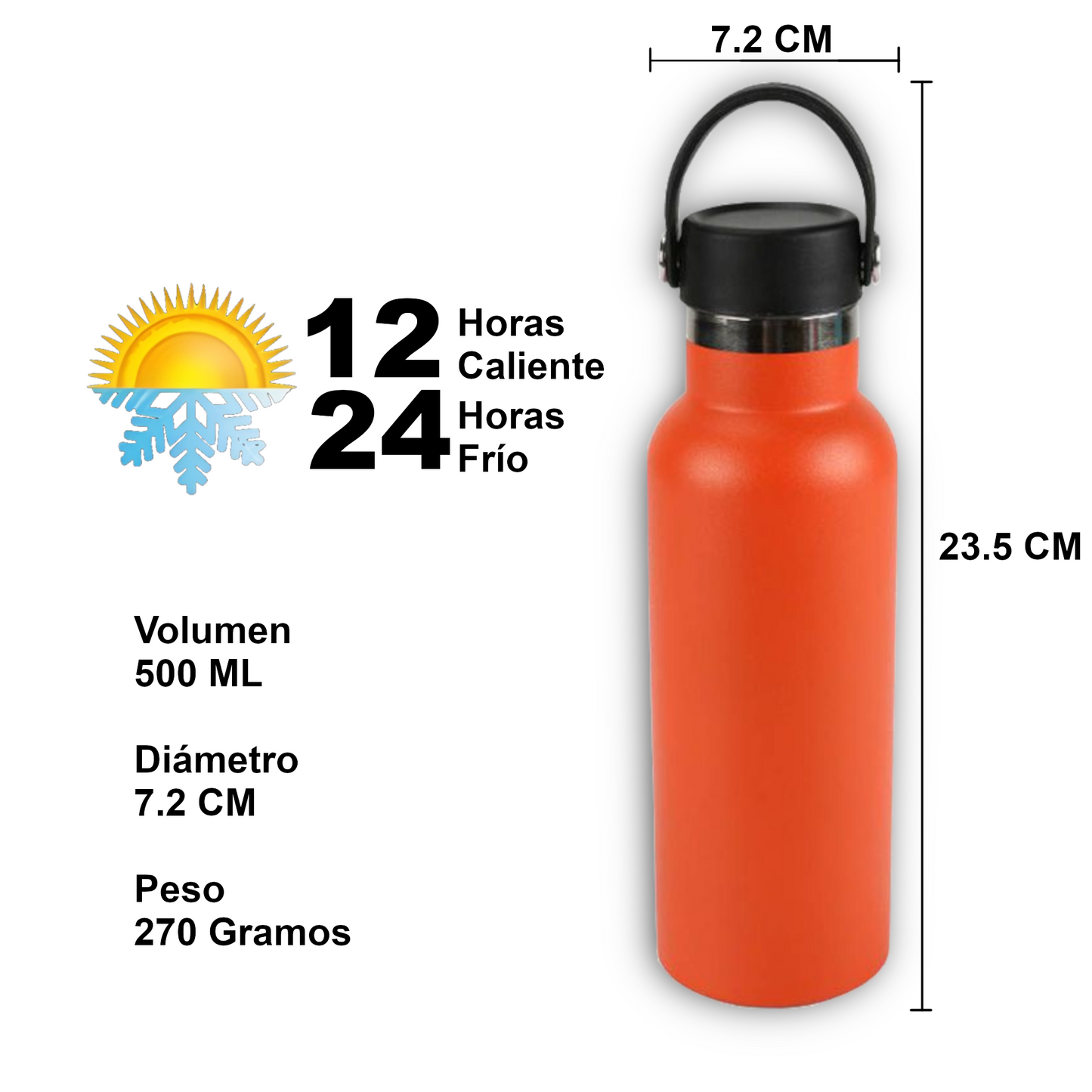 Home Universal® Botella Térmica 500ml de Acero Inoxidable | 12h y Frías 24h | Doble Pared | Mantiene Frío y Caliente por Horas | Antiderrames, Ligera e Ideal para Deporte, Oficina y Viajes - (Naranja)