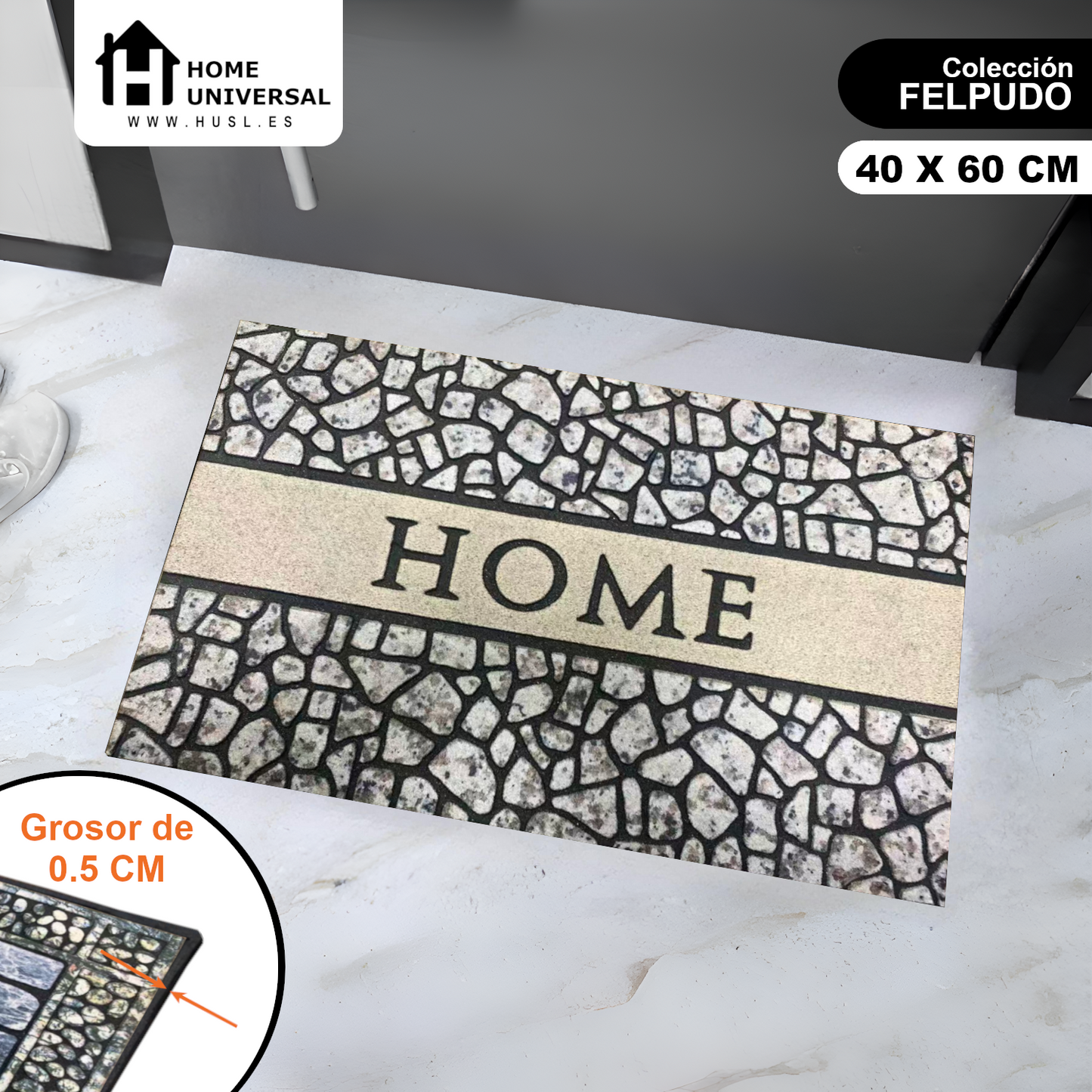 Home Universal® Felpudo de Goma Antideslizante para Exterior y interior – Resistente a Lluvia y Barro, Limpia Zapatos, Alta Durabilidad – Varias Medidas, 40X60CM, HOME (Gres Blanco con Franja)