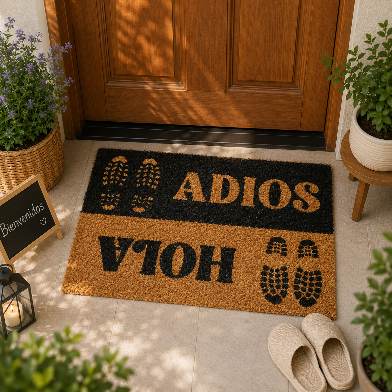 Home Universal ® Felpudos 60x40CM Fibra de Coco | Base Antideslizante de Caucho | Apto para el Exterior (HOLA ADIÓS)