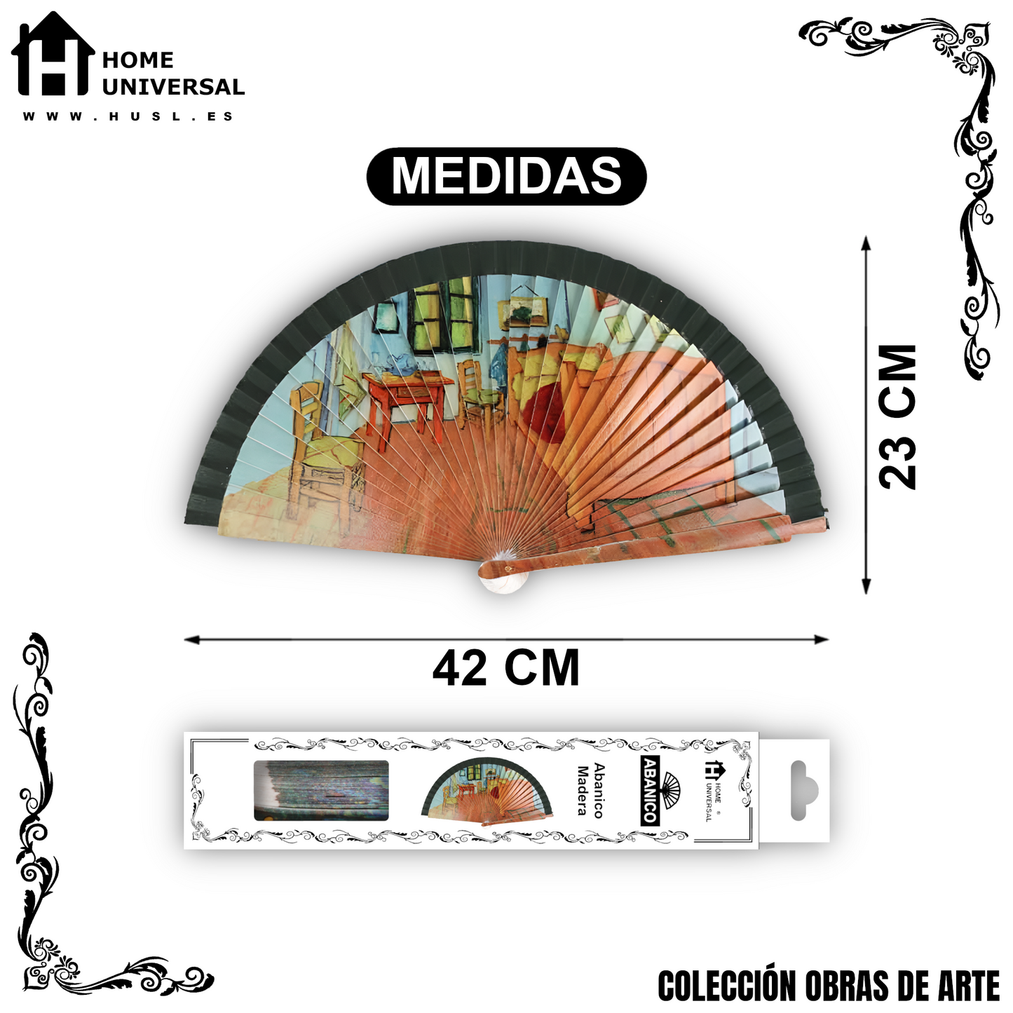 Home Universal®  Abanico 23CM DE Madera Lisa con Tela de Marfil, Abanico de Madera Adornado, Abanico Original - La Habitación en Arles de Vincent Van Gogh