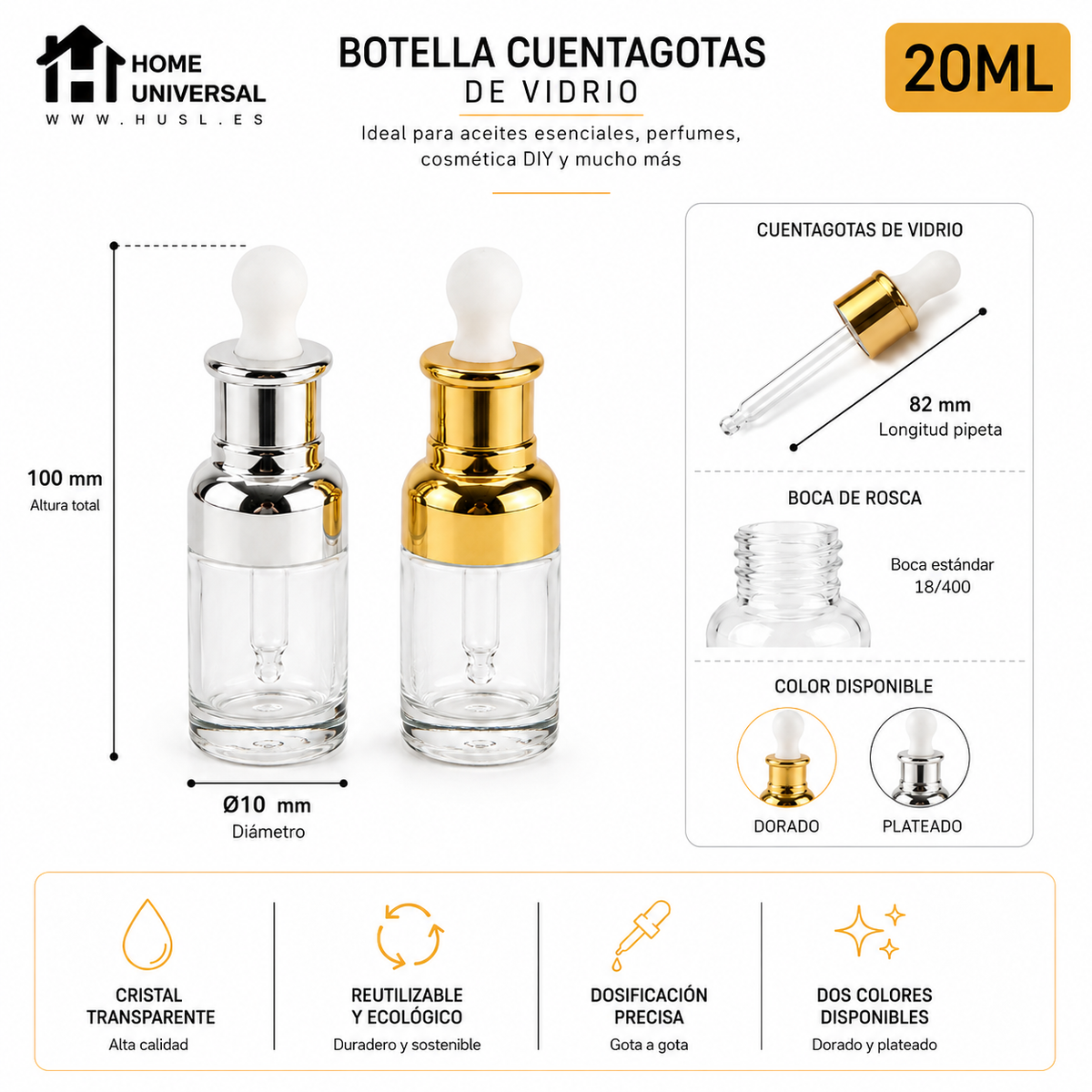 Home Universal® Frascos de Vidrio con Cuentagotas, Pipeta Redonda y Pipeta Larga, Botellas Vacías para Aceites Esenciales, Sérum, Cosmética, Perfumería, DIY (Pipeta Redonda, 20ml, 12 Unidades)