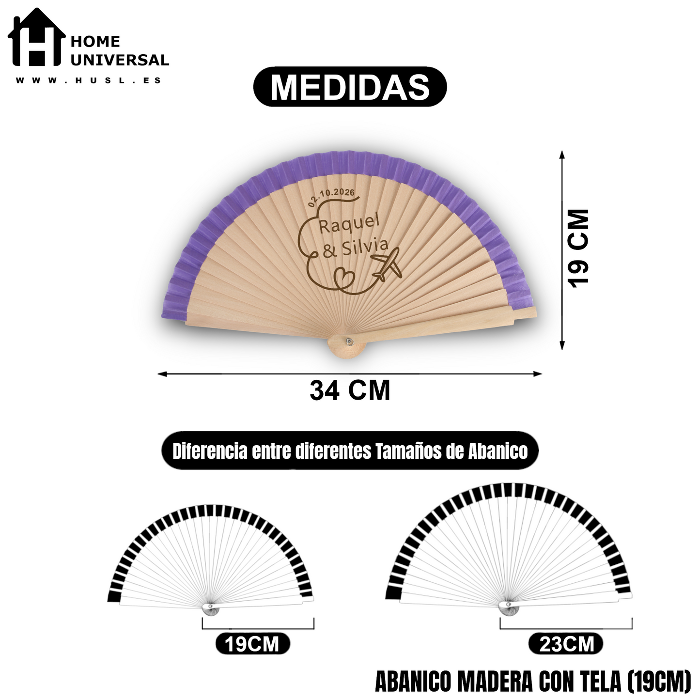 Home Universal® Abanico Personalizado de Madera, 1 Unidad – Detalle Elegante para Boda, Bautizo o Comunión, con Nombre y Fecha, Recuerdo Original para Invitados, 19 y 23 cm(Morado)