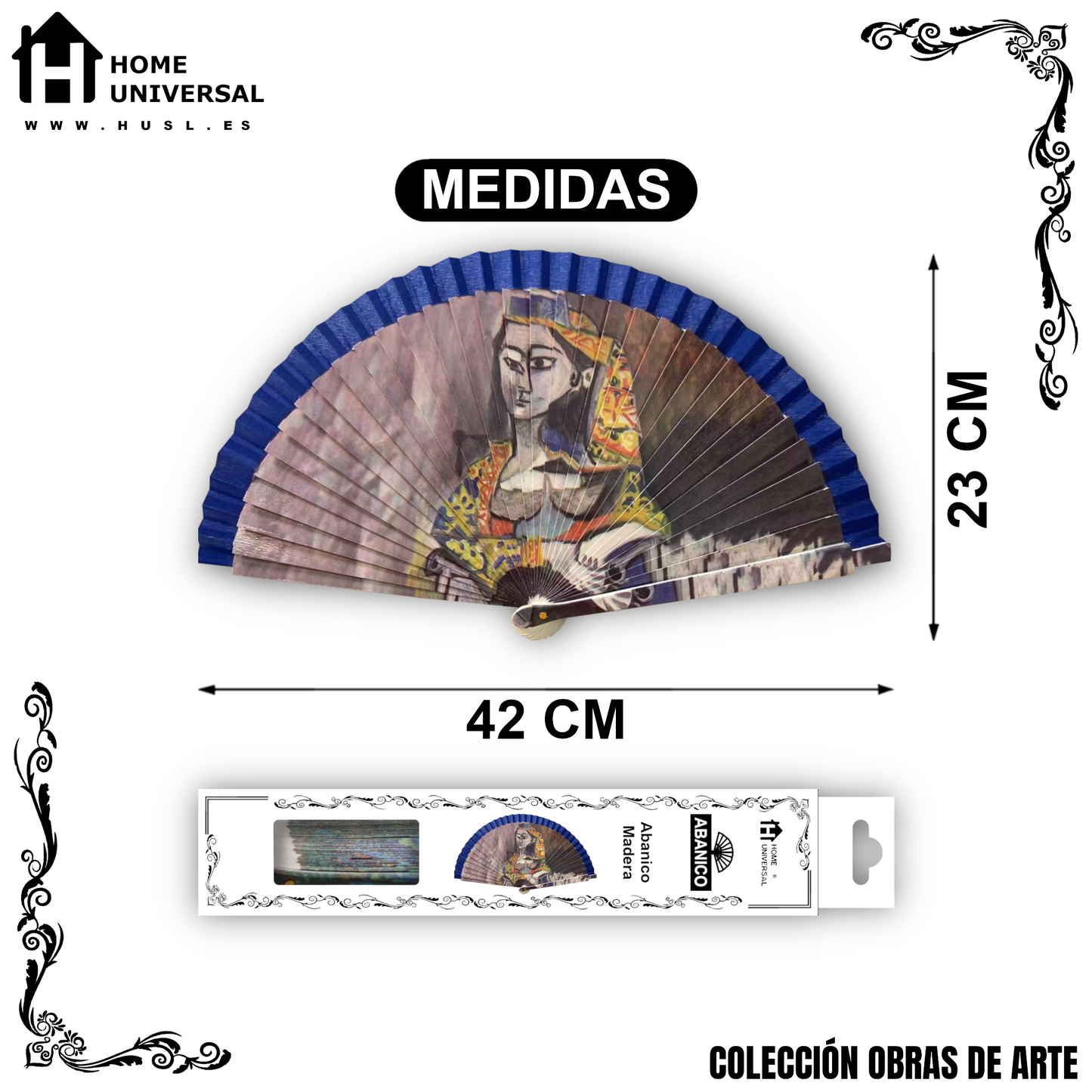 Home Universal®  Abanico 23CM DE Madera Lisa con Tela de Marfil, Abanico de Madera Adornado, Abanico Original - Dama Imperial (Estilo Cubista-Vanguardista)