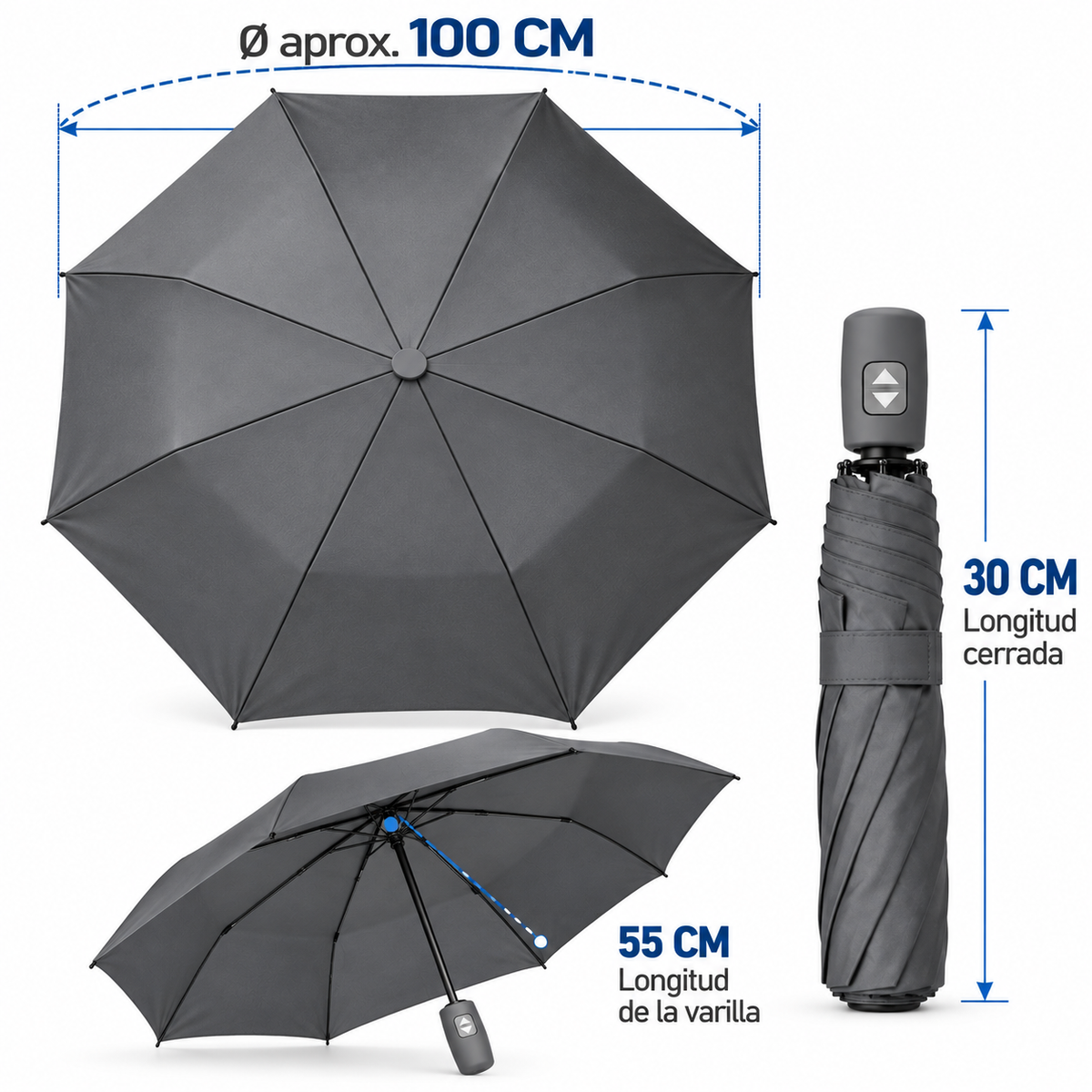 Home Universal® Paraguas Automático Plegable Grande, Compacto y Resistente, para Lluvia y Sol (Automático Apertura y Cierre (Gris))