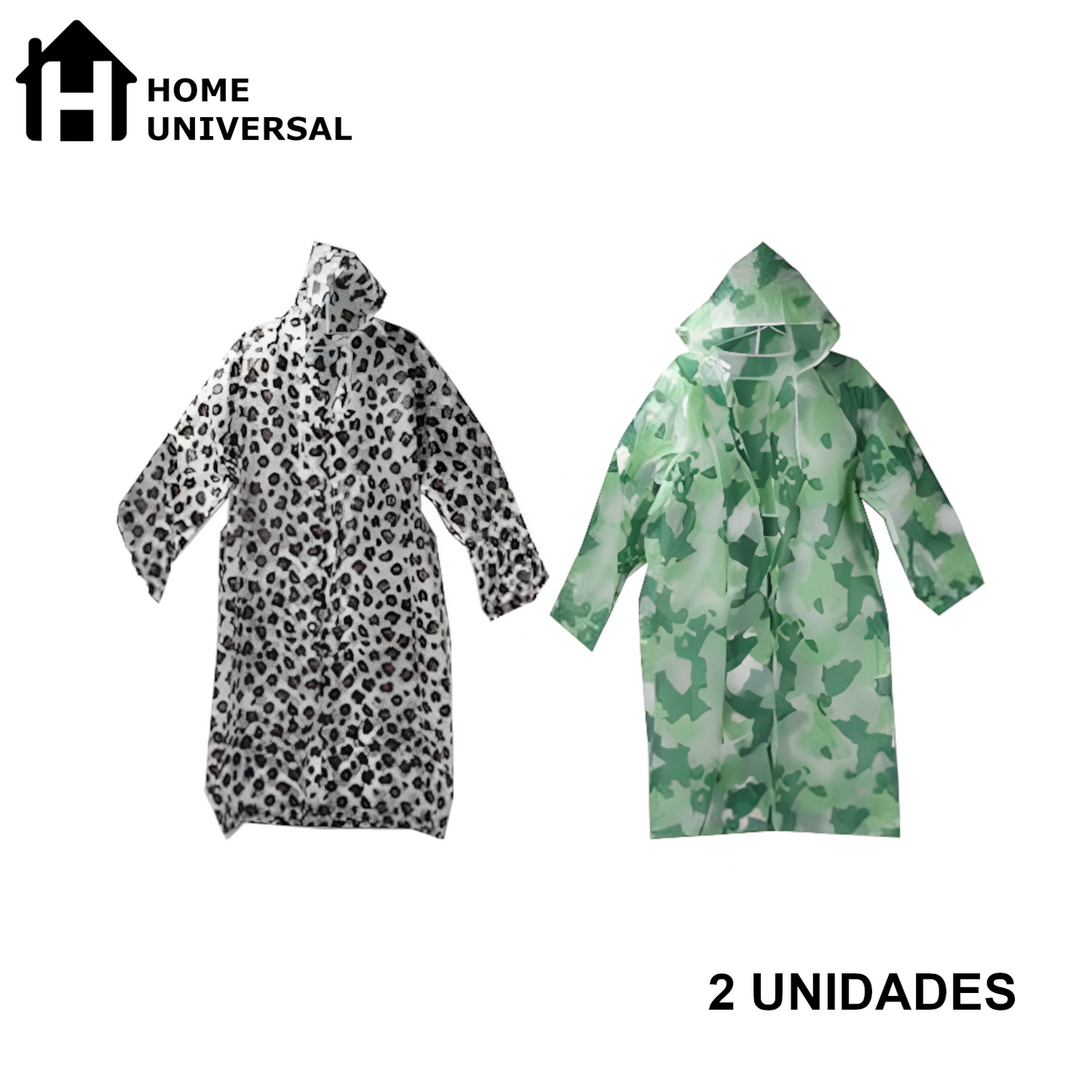 Home Universal® Chubasquero Impermeable Unisex - Material Ligero, con Capucha Ajustable, Plegable, Reutilizable (2 Unidades, Leopardo y Militar - Adulto (138X65CM))