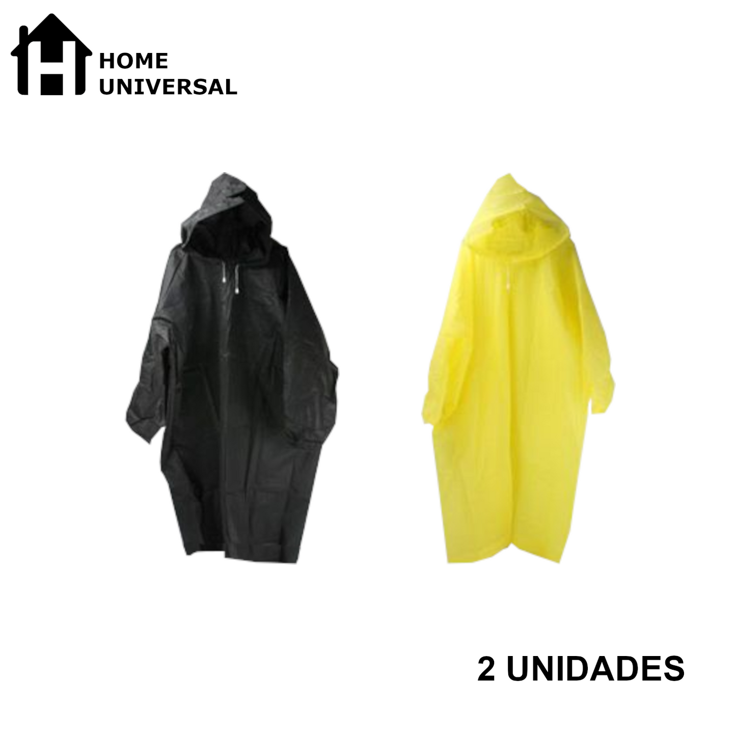 Home Universal® Chubasquero Impermeable Unisex - Material Ligero, con Capucha Ajustable, Plegable, Reutilizable (2 Unidades, Negro y Amarillo - Adulto (145X85CM))
